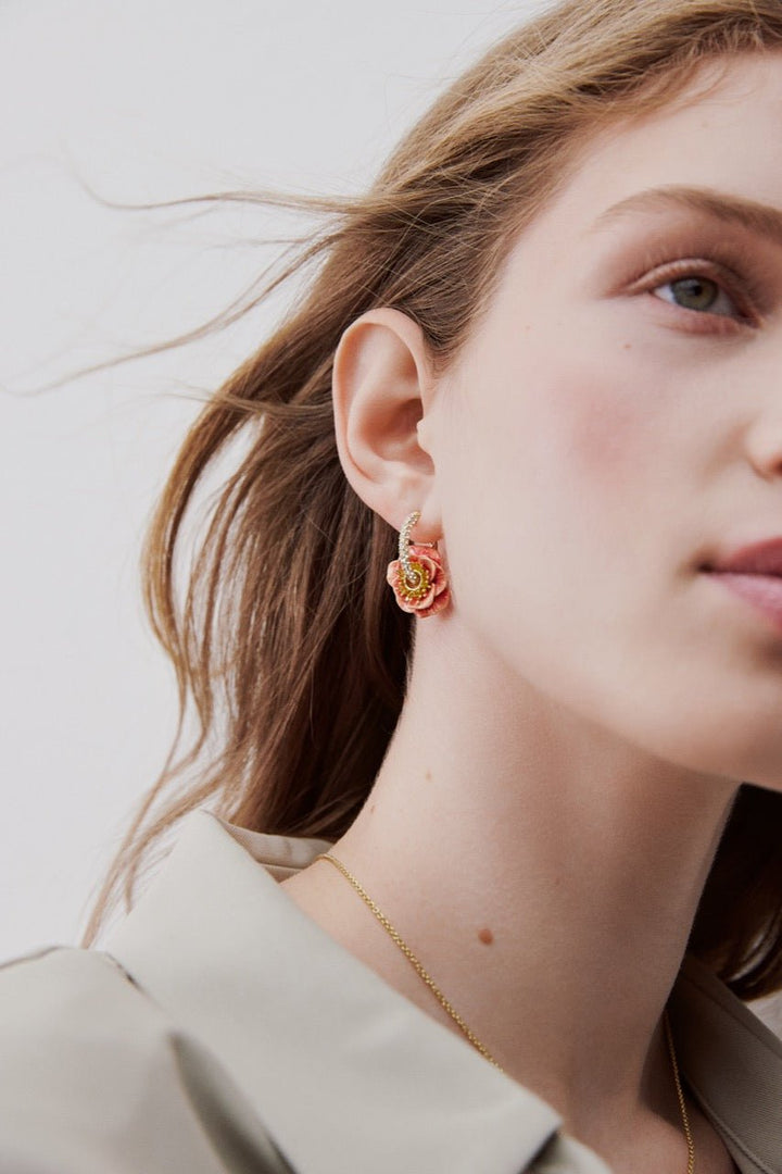 Rhinestone Hoop Earrings With Pink Anemone | AWBB1041 - Les Nereides