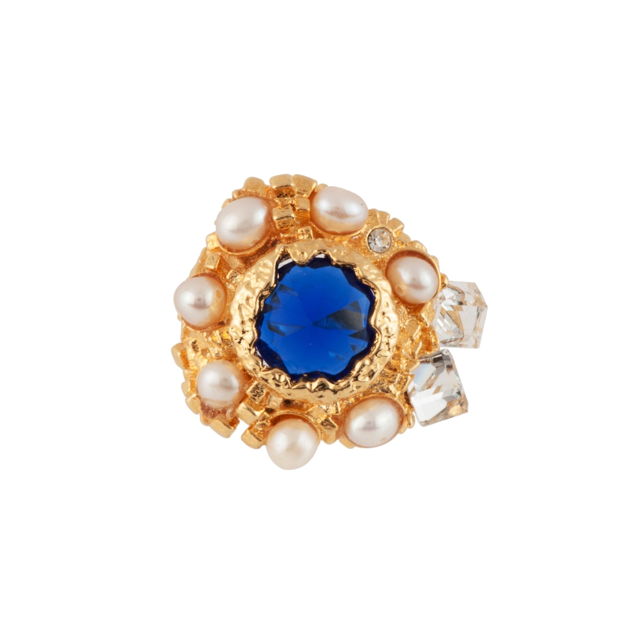 Roches Singulieres Round Blue Crystal Stone With Freshwater Pearls & Crystals Rings | AERO601/11 - Les Nereides