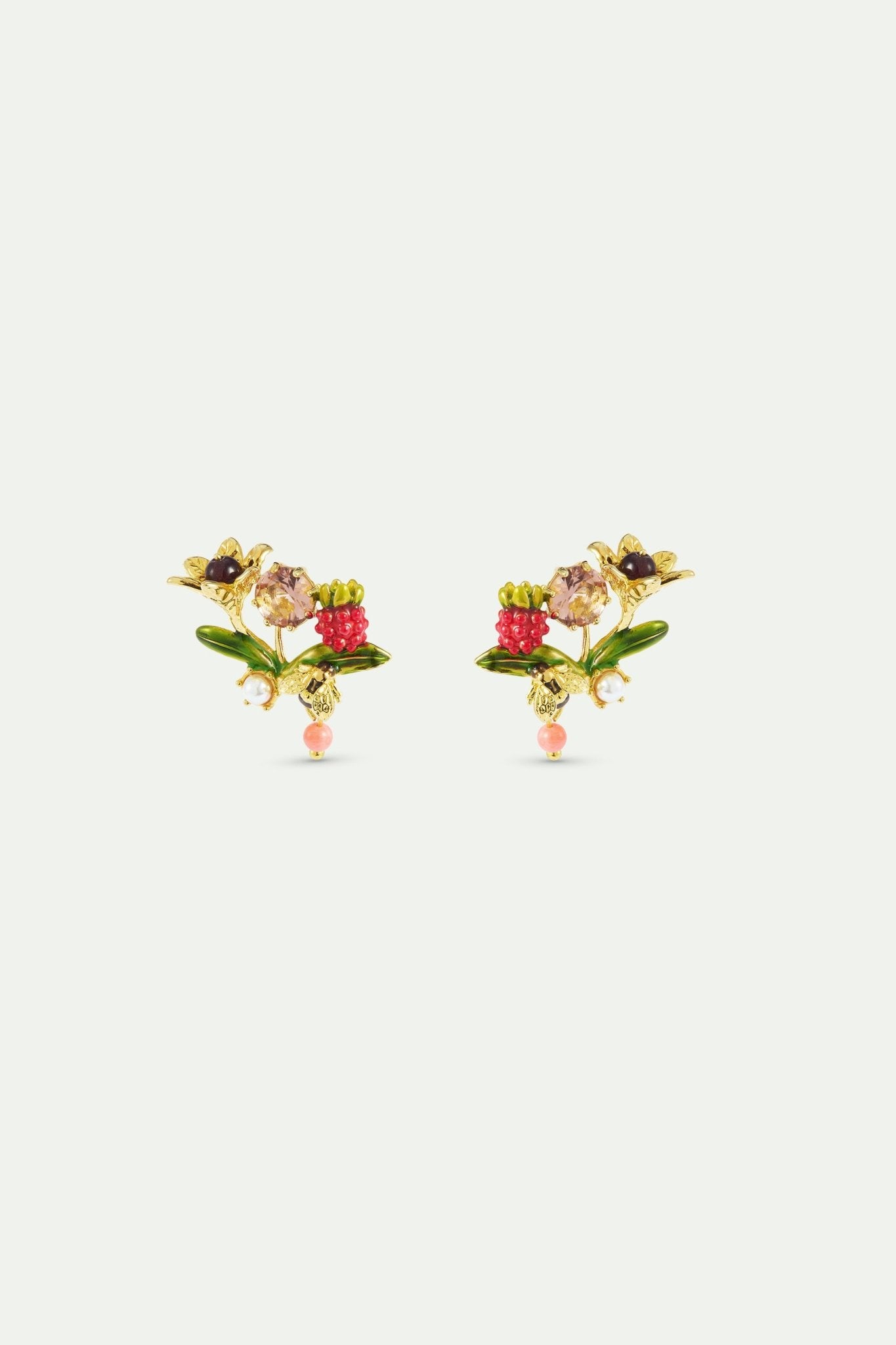 Round Pink Stone Post Earrings, With Gold Bee, Raspberry And Pearls | AXAM1071 - Les Nereides
