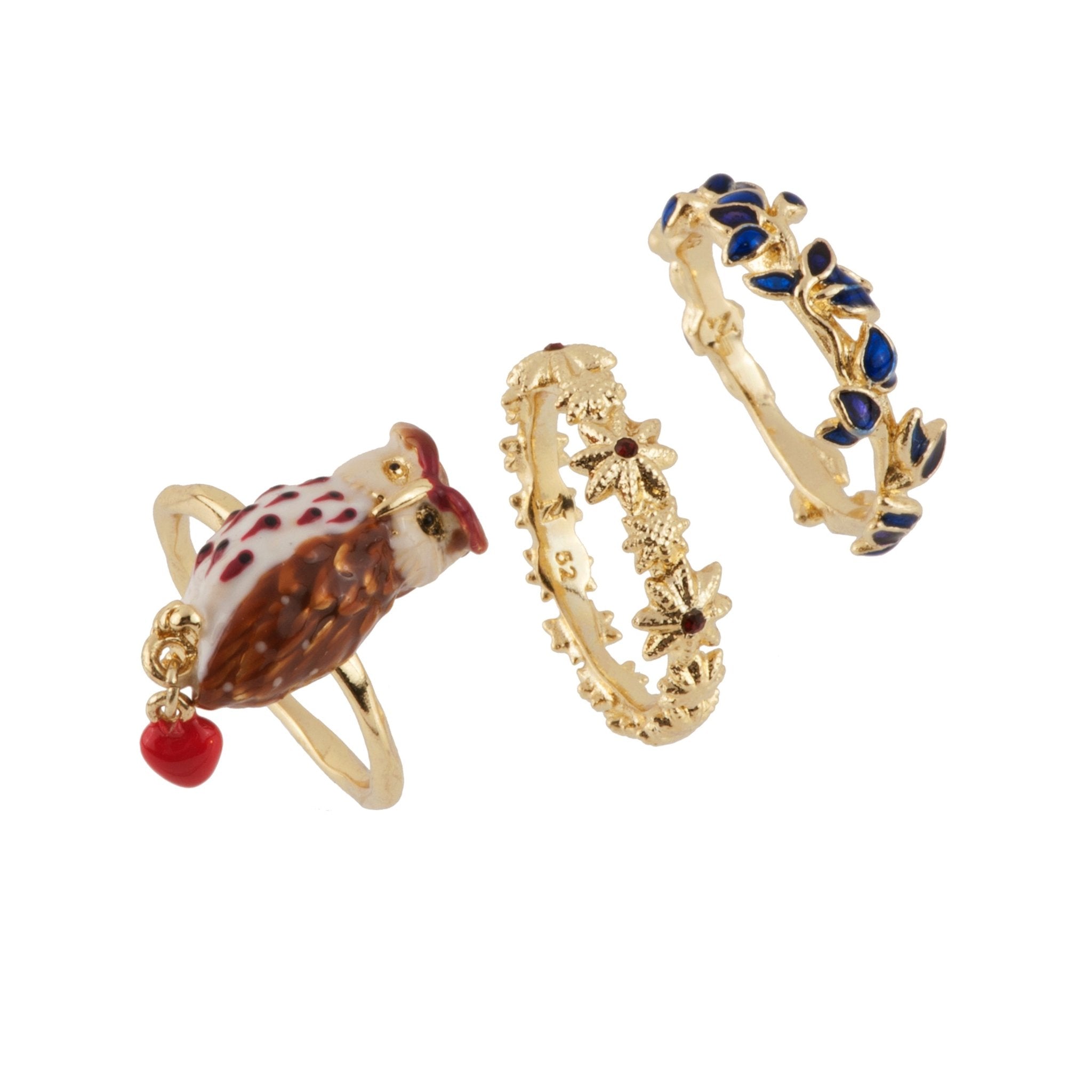 Set Of 3 Clarte Nocturne Eagle Owl With Heart, Leaves & Stars Rings | AECN605/11 - Les Nereides