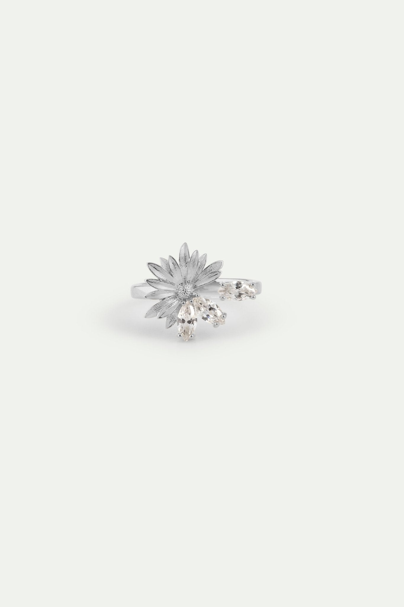 Silver Adjustable Ring With Daisy and White Stones | AYNF6041 - Les Nereides