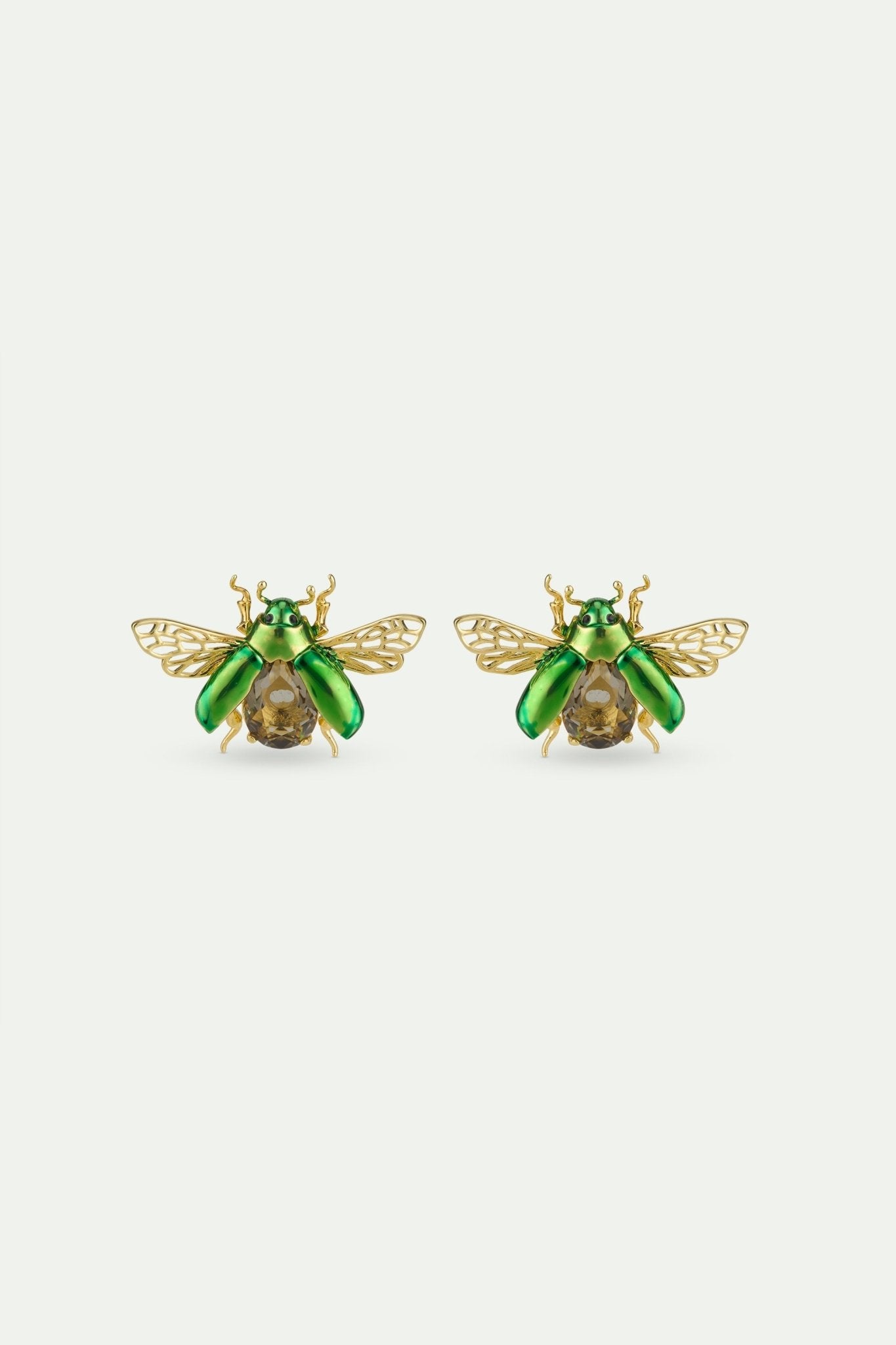 Sleeper Earrings With Flying Green Rose Chafer And Black Faceted Glass Stone | AWCC1071 - Les Nereides