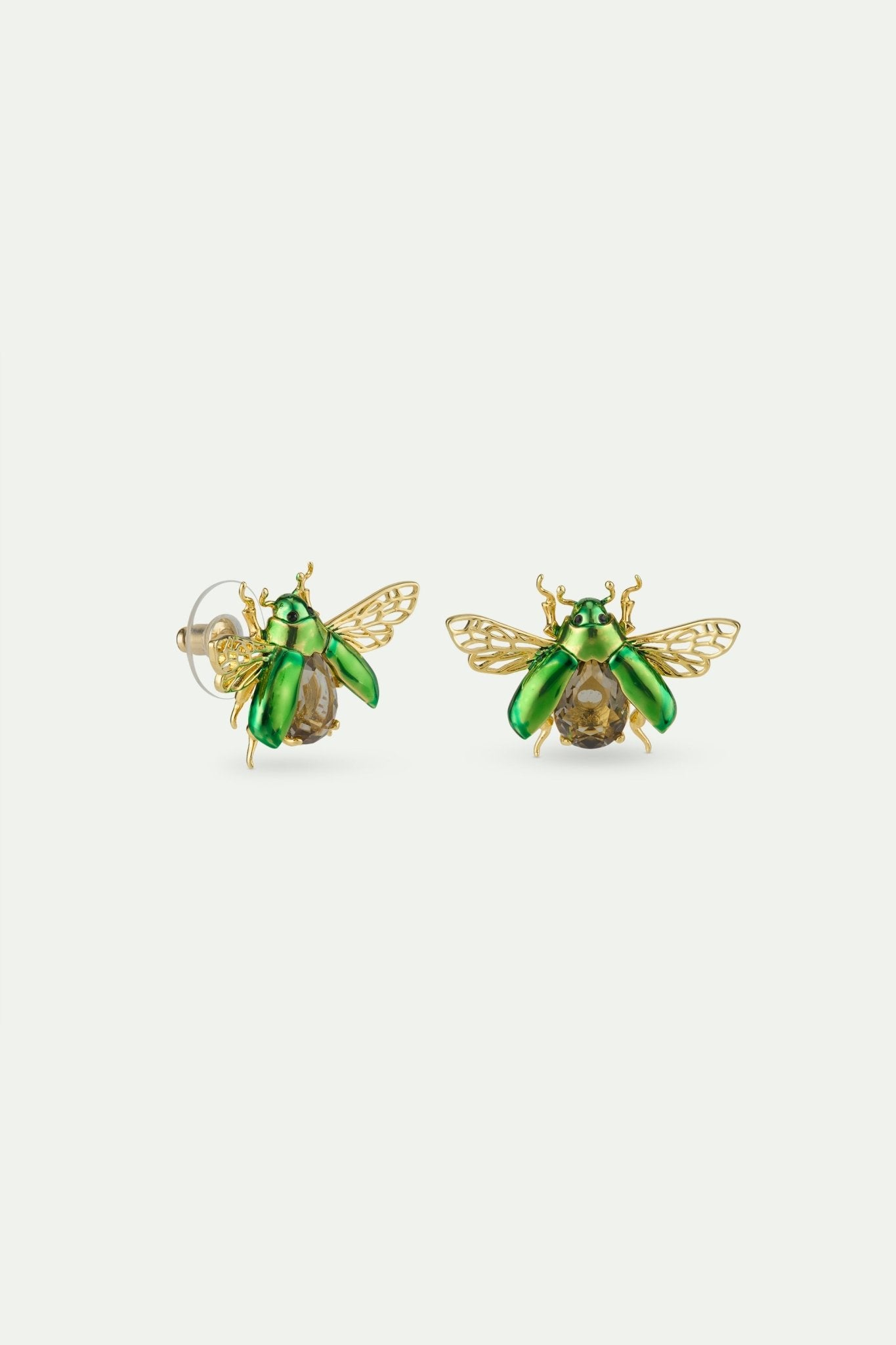 Sleeper Earrings With Flying Green Rose Chafer And Black Faceted Glass Stone | AWCC1071 - Les Nereides