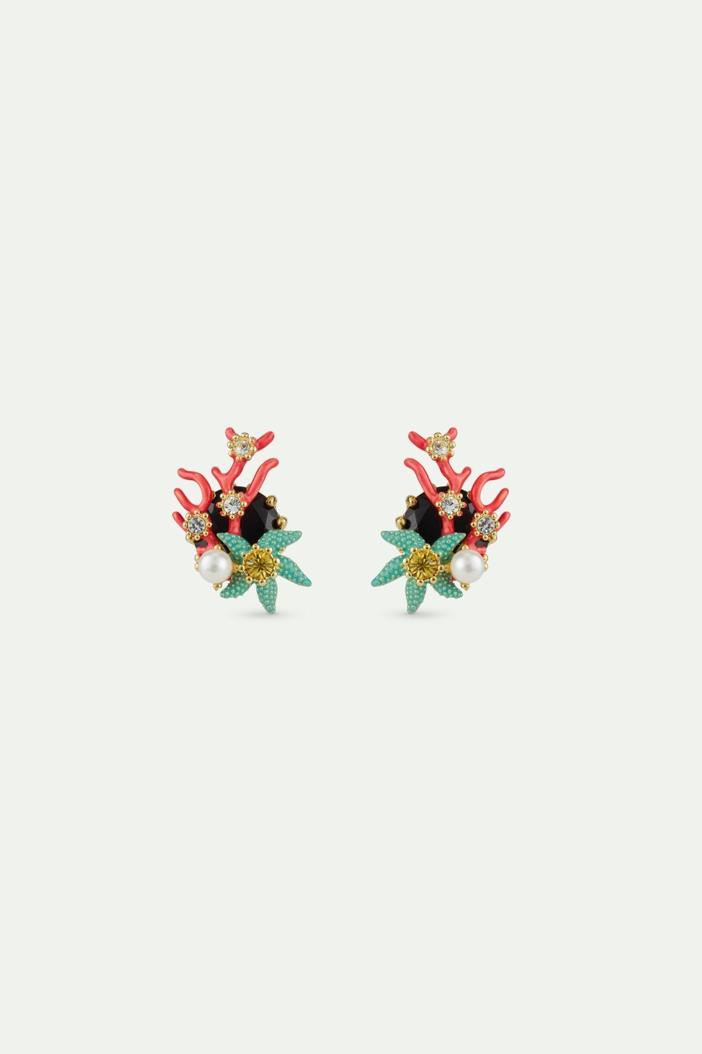 Sleeper Earrings With Round Black Faceted Stone, Red Coral, Blue Starfish And Cultured Pearl | AWCC1041 - Les Nereides