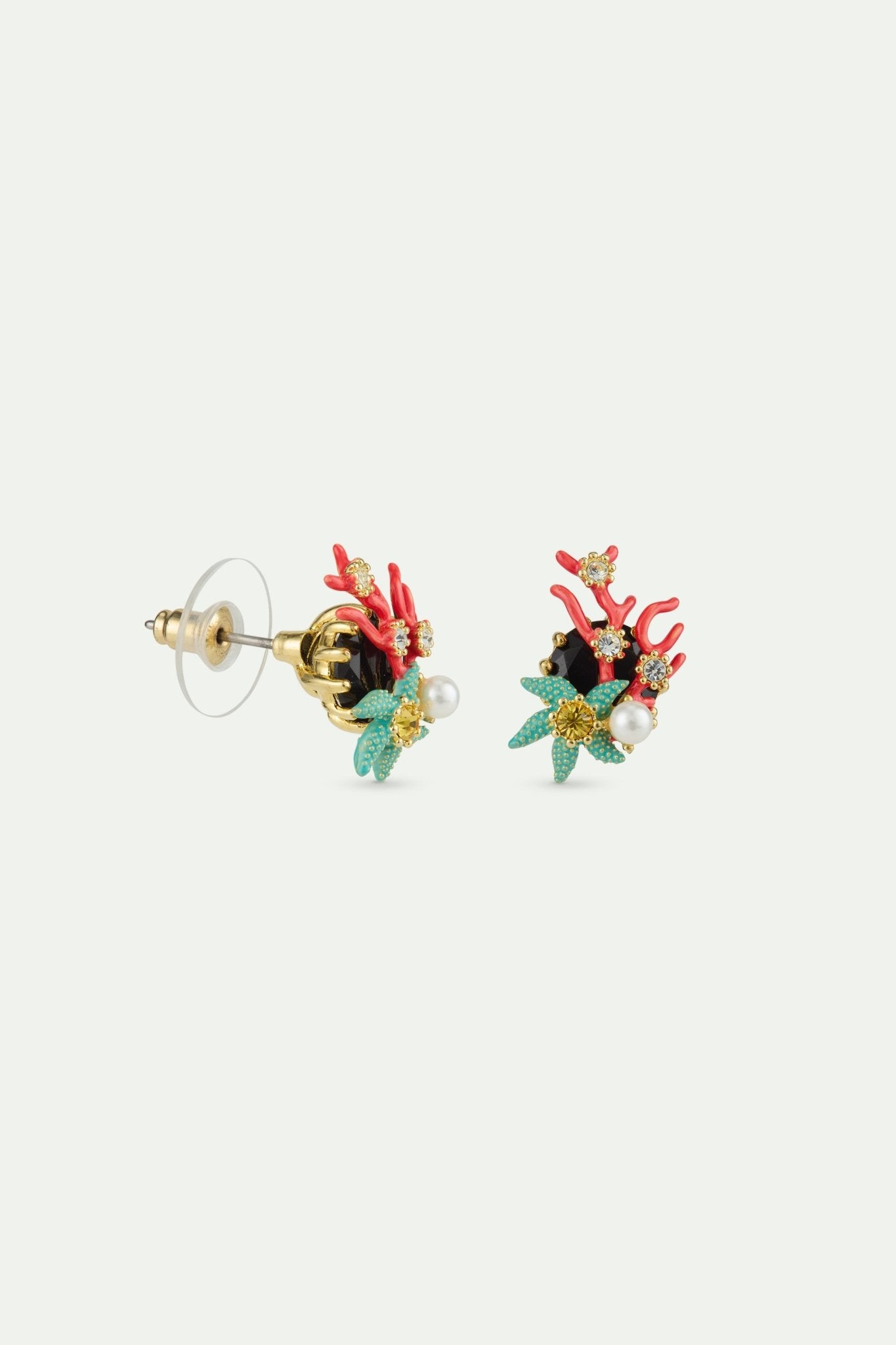 Sleeper Earrings With Round Black Faceted Stone, Red Coral, Blue Starfish And Cultured Pearl | AWCC1041 - Les Nereides