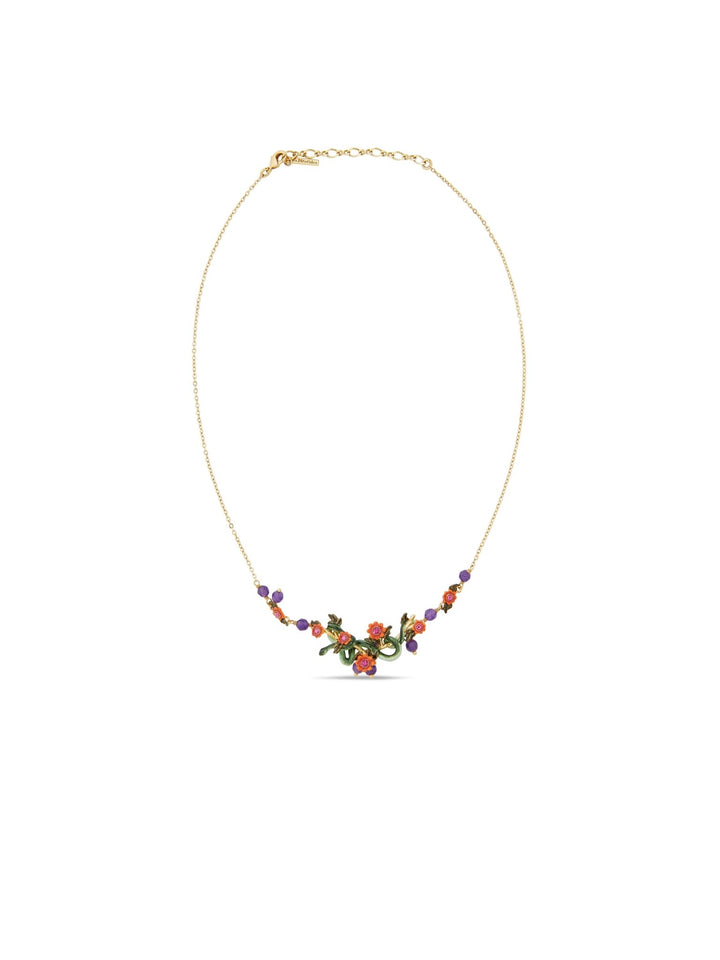 Snake, Red Flowers And Crystal Beads Statement Necklace | AUVI3061 - Les Nereides