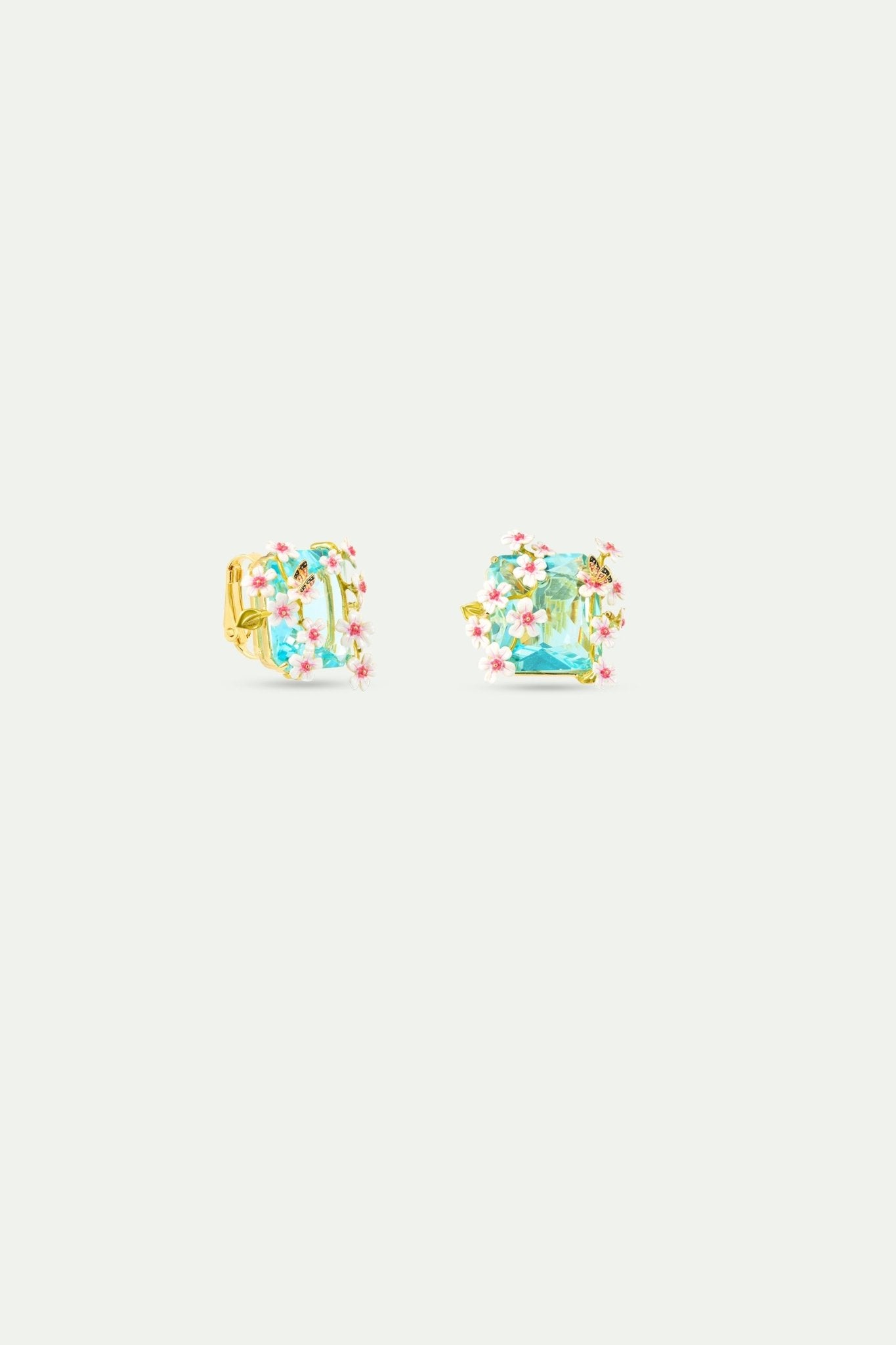 Square Blue Faceted Stone Earrings With White And Pink Hawthorn And A Butterfly | AYDF1041 - Les Nereides