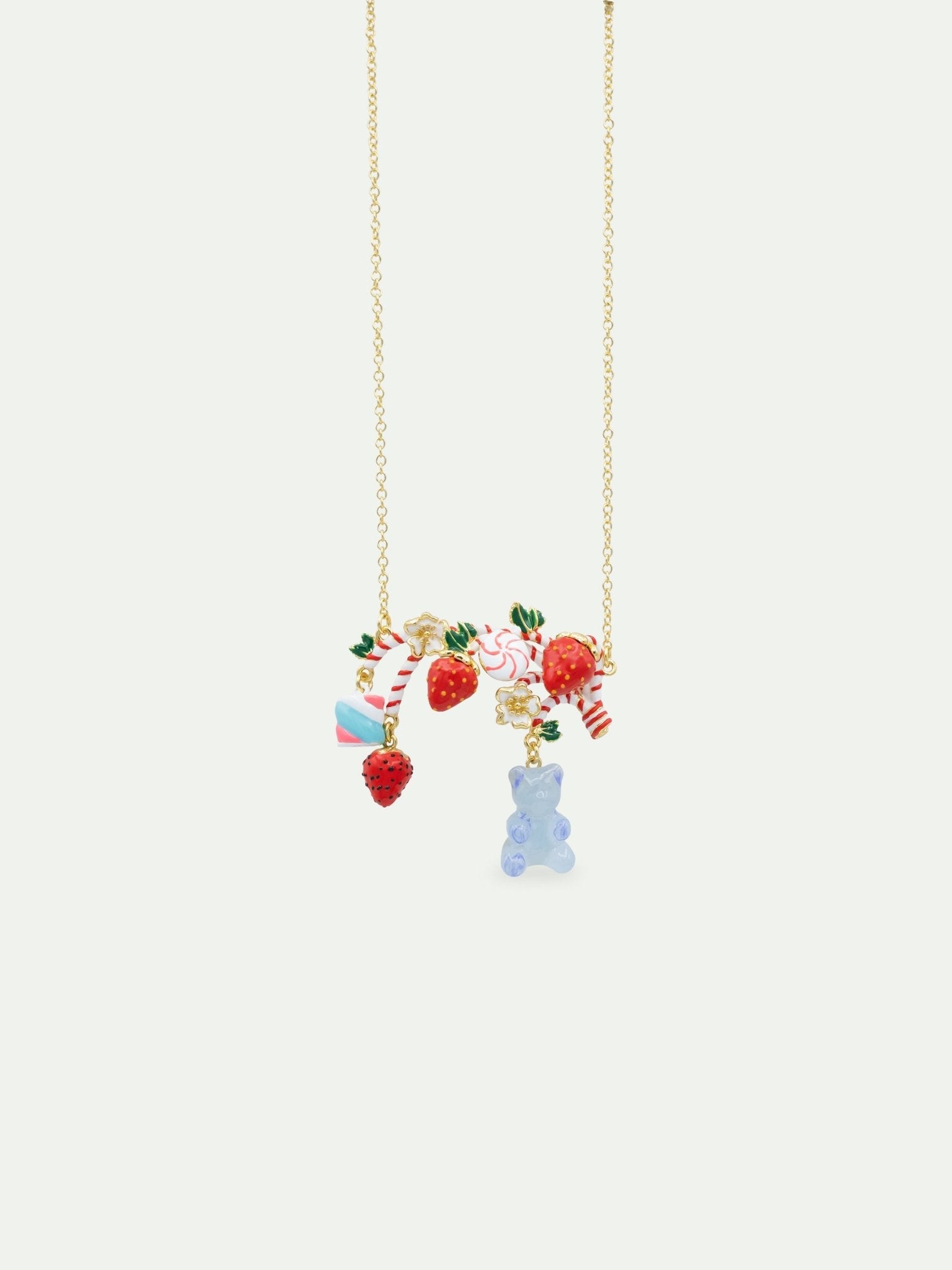 Statement Necklace With Candy Cane, Strawberry, Marshmallow, Blue Teddy Bear Sweet And White Flowers | AWMC3051 - Les Nereides