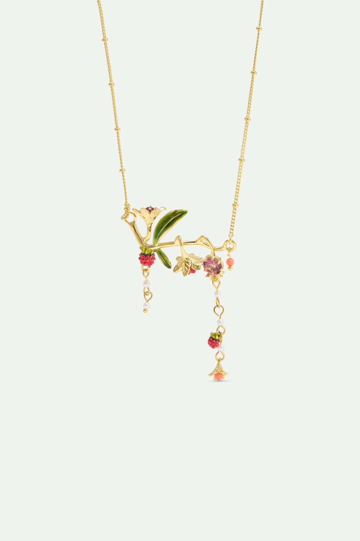 Statement Necklace With Flowers, Raspberries, Pink Stone And Pearls | AXAM3041 - Les Nereides