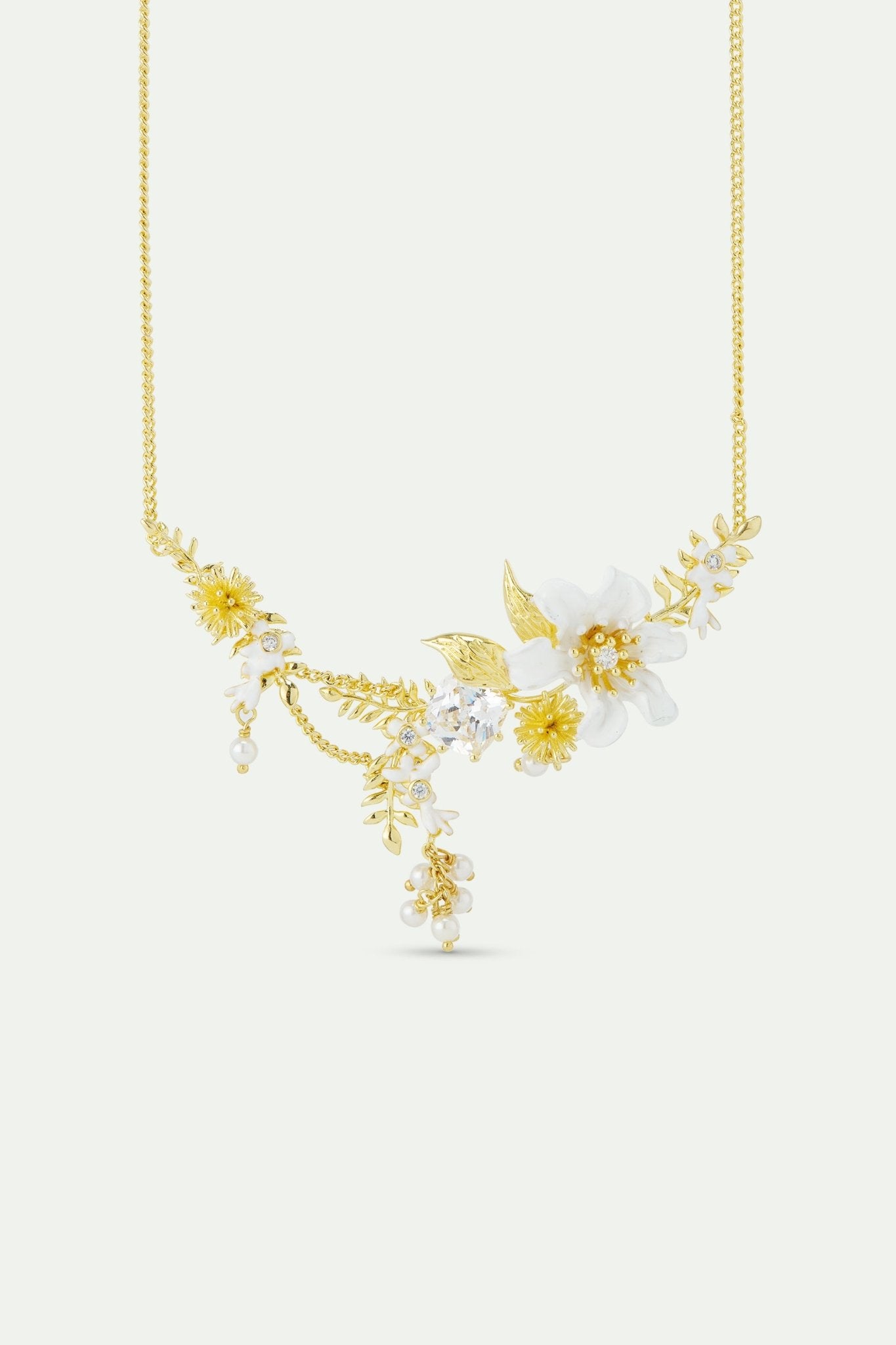 Statement Necklace With Large Clematis Flower, Laurel, Japanese Kerria And Cultured Pearls | AWNF3021 - Les Nereides