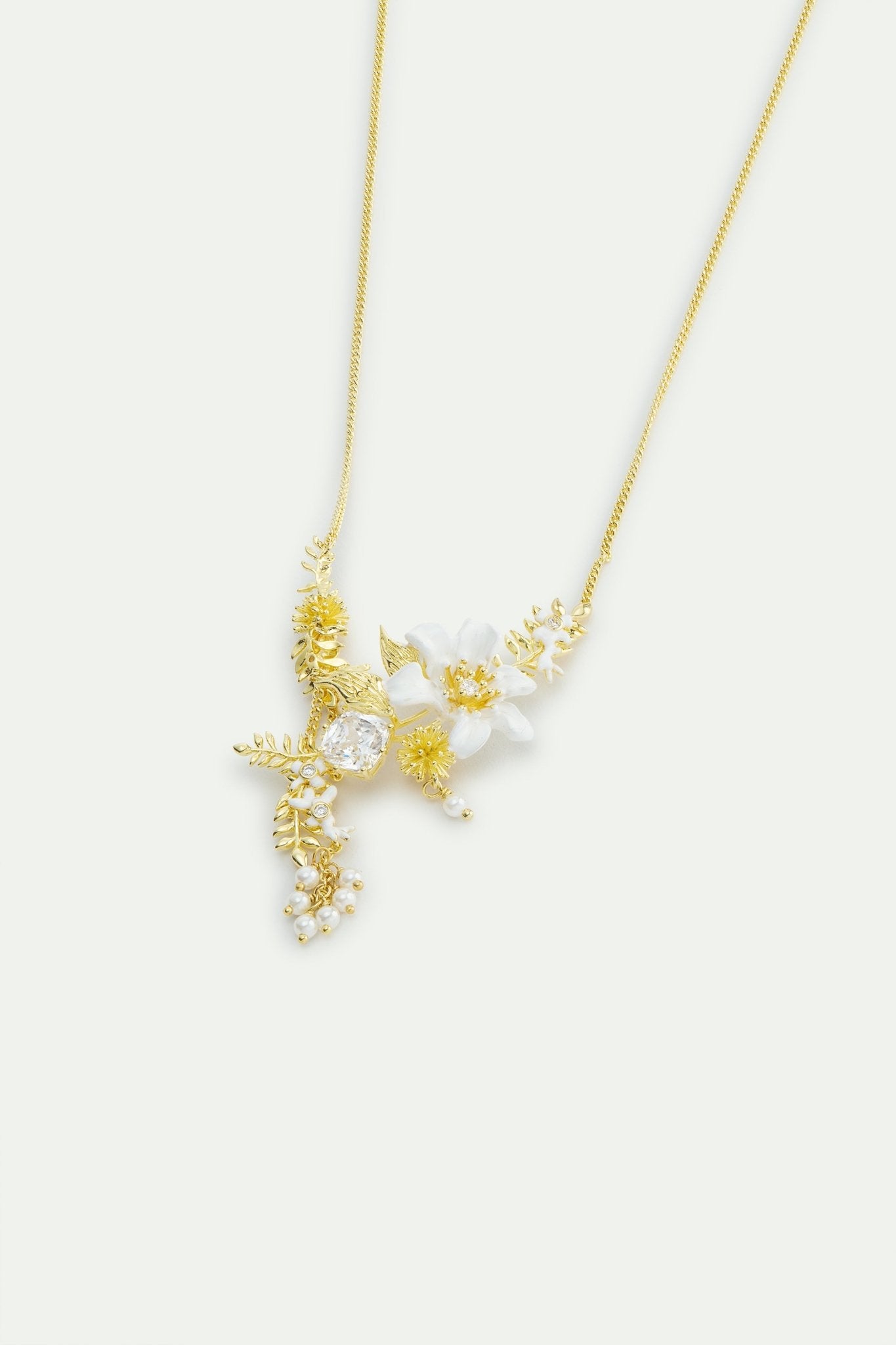 Statement Necklace With Large Clematis Flower, Laurel, Japanese Kerria And Cultured Pearls | AWNF3021 - Les Nereides