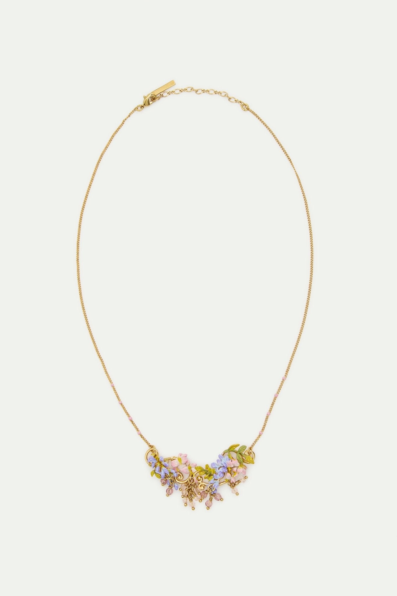 Statement Necklace With Pink And Purple Wisteria On A Golden Arabesque, Adorned With Ivy And Dangling Faceted Pink And White Crystal Beads | AWMM3021 - Les Nereides