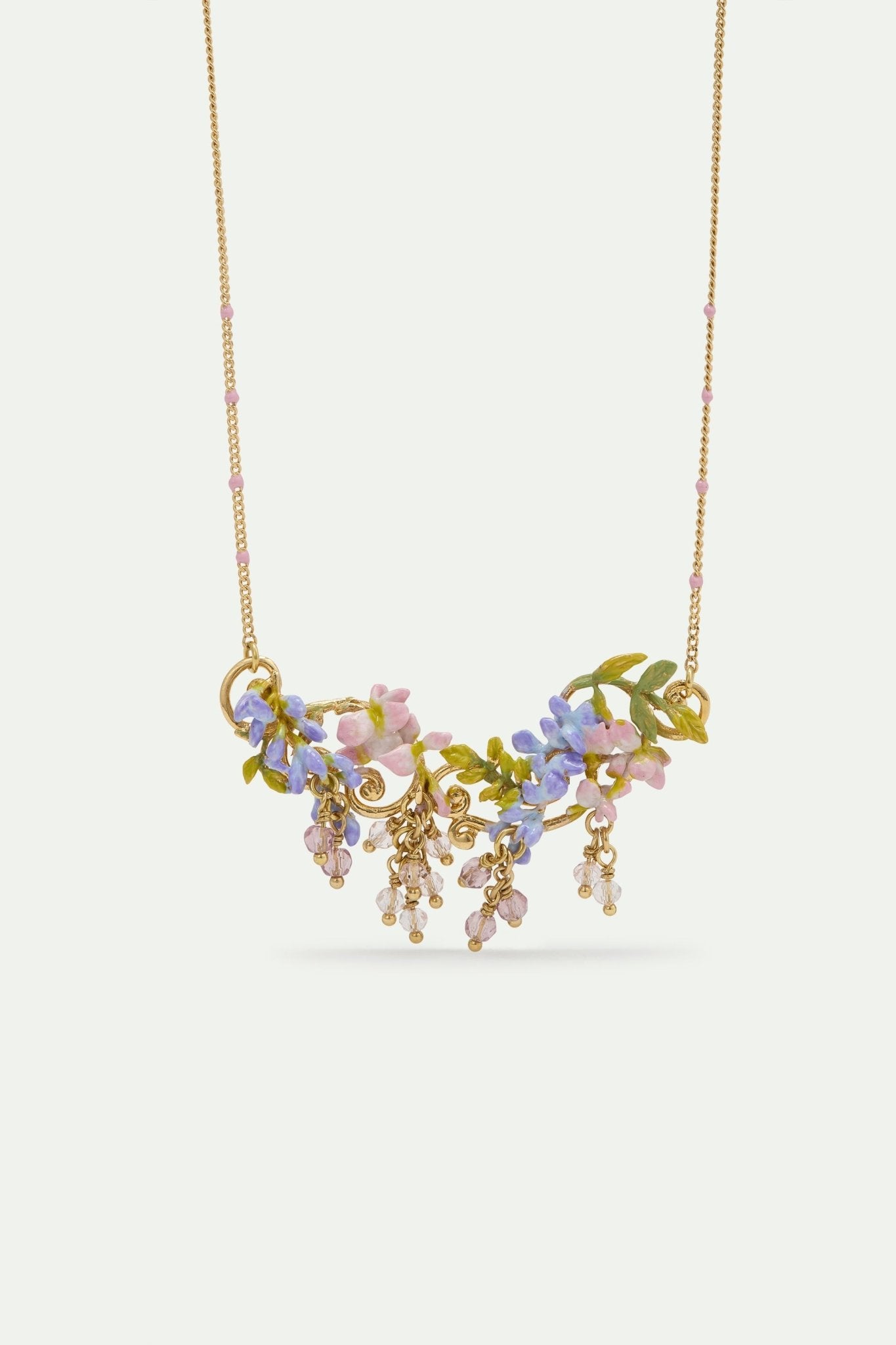Statement Necklace With Pink And Purple Wisteria On A Golden Arabesque, Adorned With Ivy And Dangling Faceted Pink And White Crystal Beads | AWMM3021 - Les Nereides
