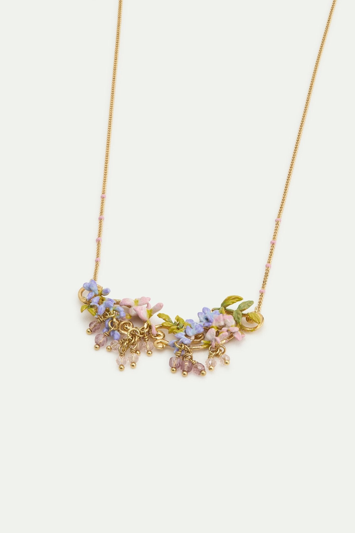 Statement Necklace With Pink And Purple Wisteria On A Golden Arabesque, Adorned With Ivy And Dangling Faceted Pink And White Crystal Beads | AWMM3021 - Les Nereides