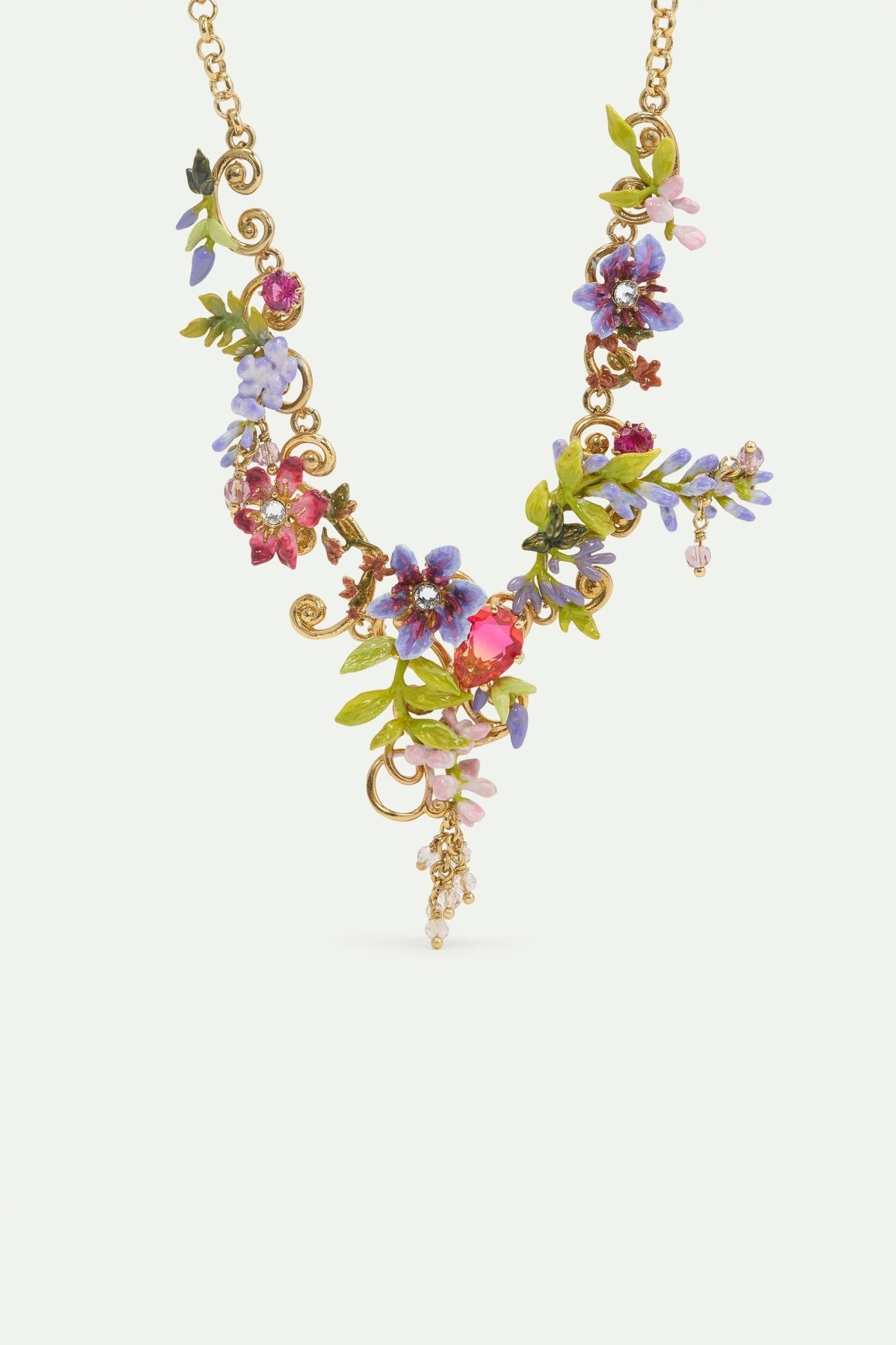 Statement Necklace With Pink And Purple Wisteria On A Golden Arabesque, Adorned With Ivy And Dangling Faceted Pink Crystal Beads | AWMM3011 - Les Nereides