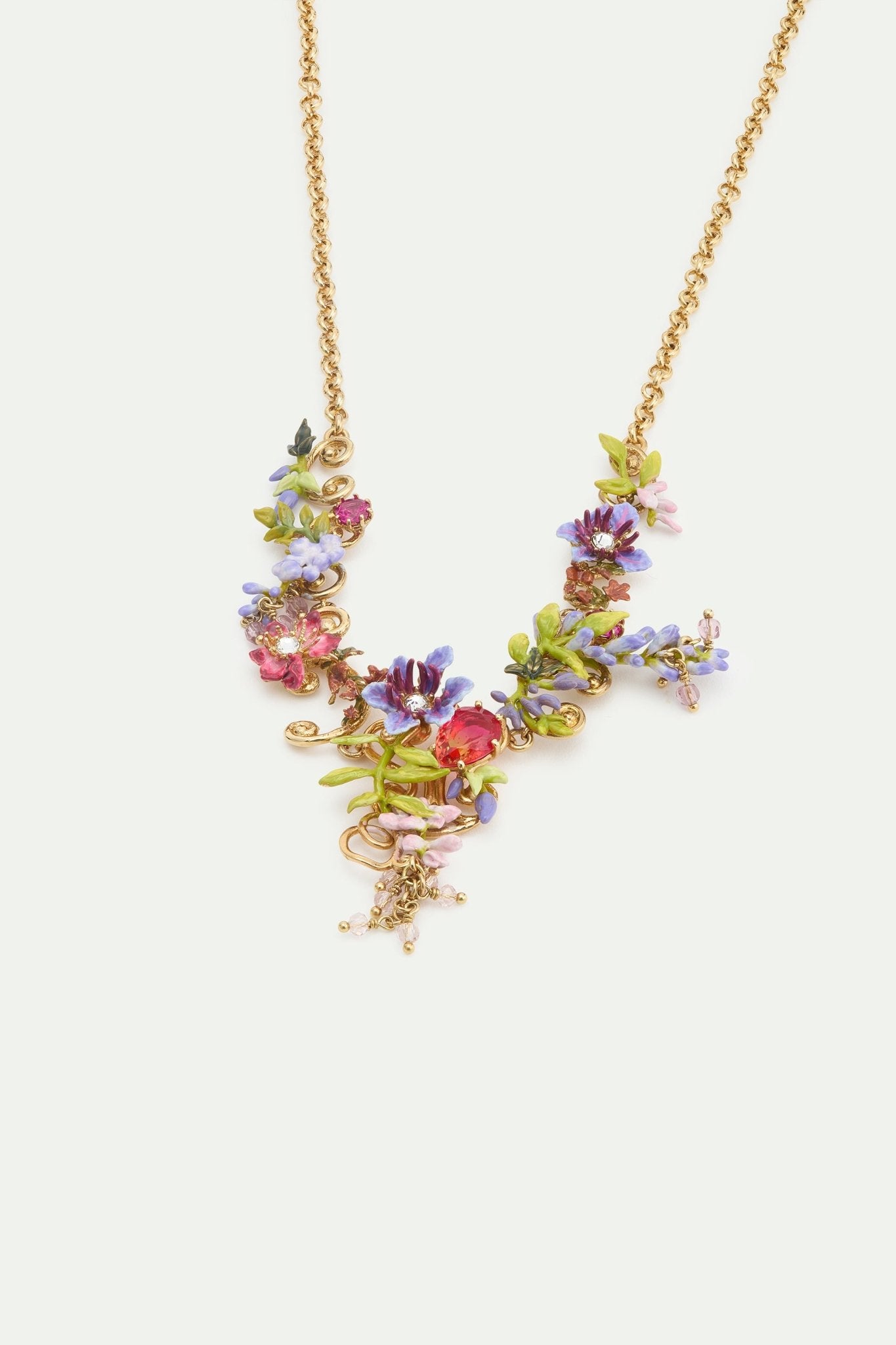 Statement Necklace With Pink And Purple Wisteria On A Golden Arabesque, Adorned With Ivy And Dangling Faceted Pink Crystal Beads | AWMM3011 - Les Nereides