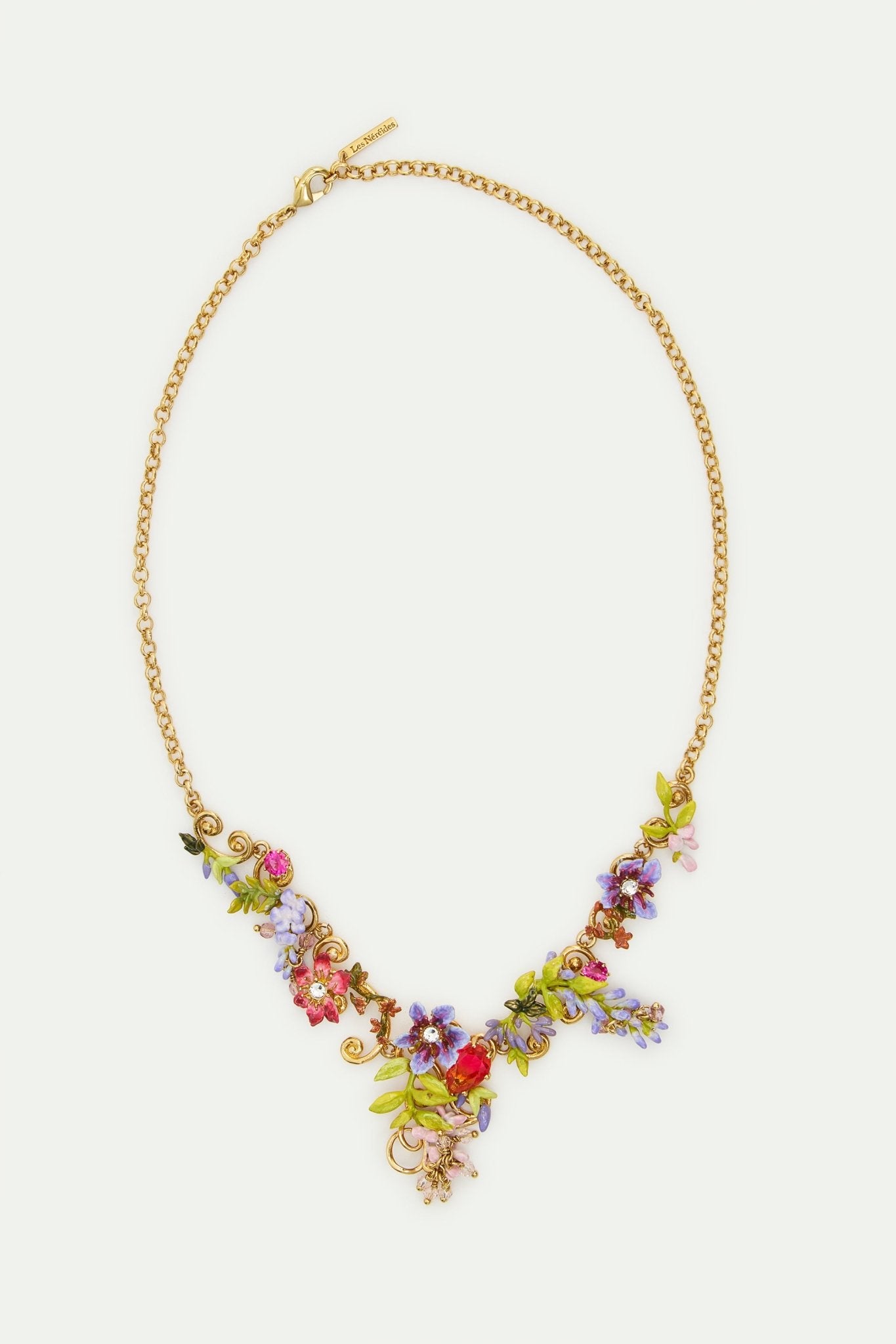 Statement Necklace With Pink And Purple Wisteria On A Golden Arabesque, Adorned With Ivy And Dangling Faceted Pink Crystal Beads | AWMM3011 - Les Nereides