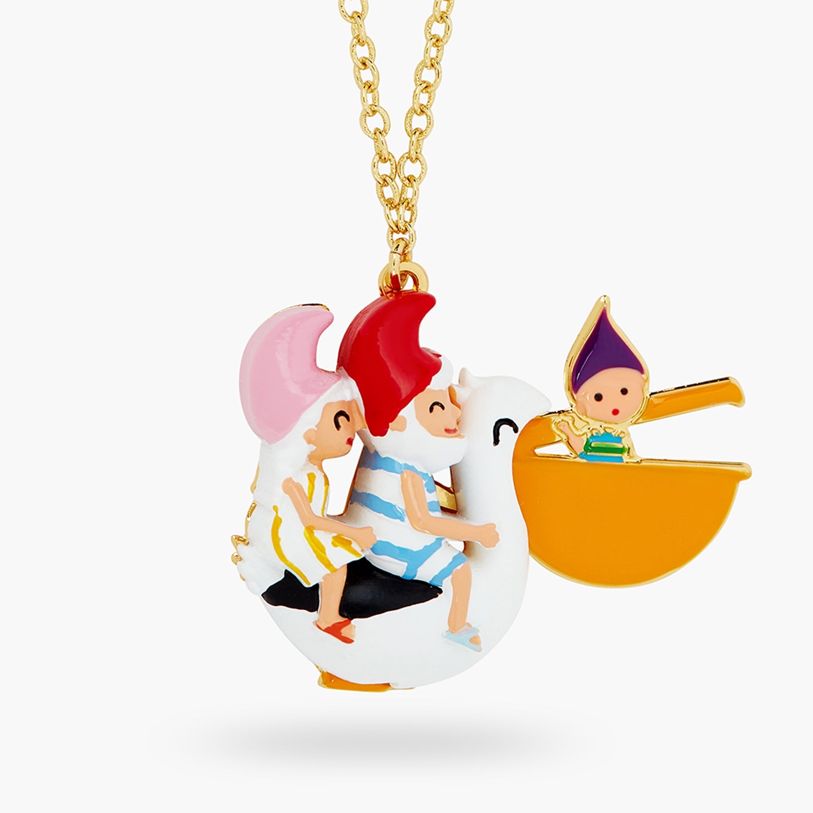 Toadstool Family Couple Riding A Pelican Pendant Necklace | ATCP3071 - Les Nereides