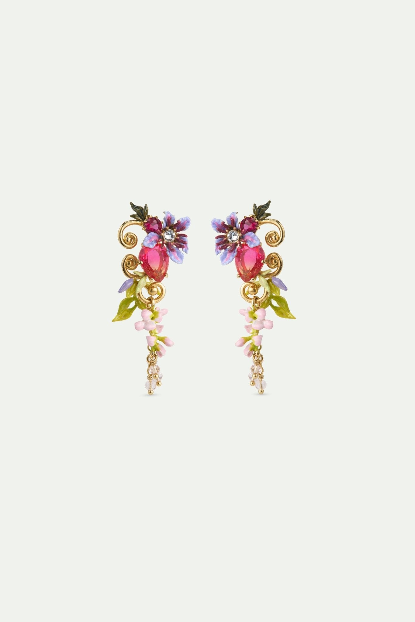 Two - Tone Faceted Glass Dangle Earrings, Pink Wisteria On A Golden Arabesque, Faceted Crystal Bead And Ivy | AWMM1011 - Les Nereides