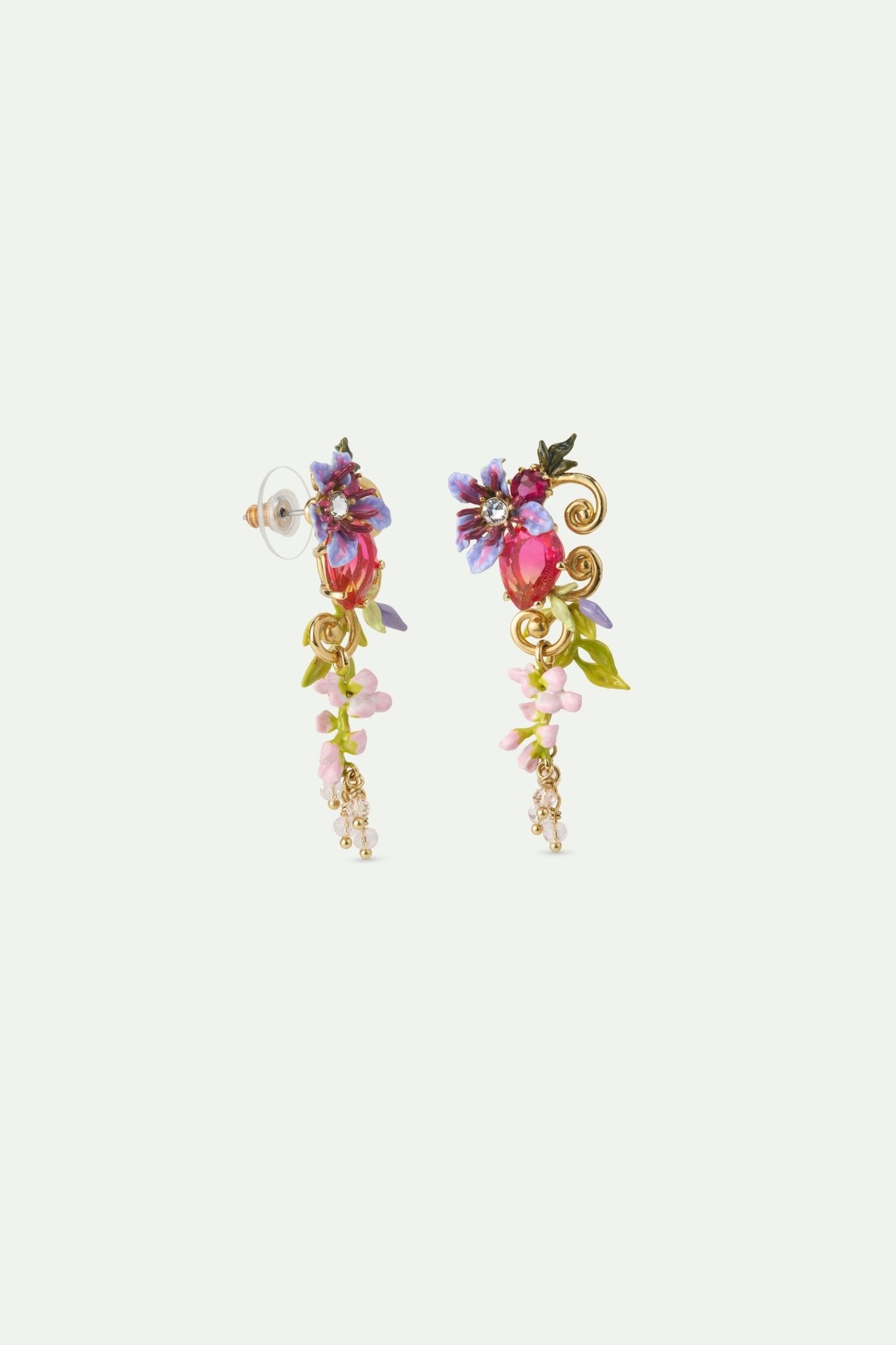 Two - Tone Faceted Glass Dangle Earrings, Pink Wisteria On A Golden Arabesque, Faceted Crystal Bead And Ivy | AWMM1011 - Les Nereides