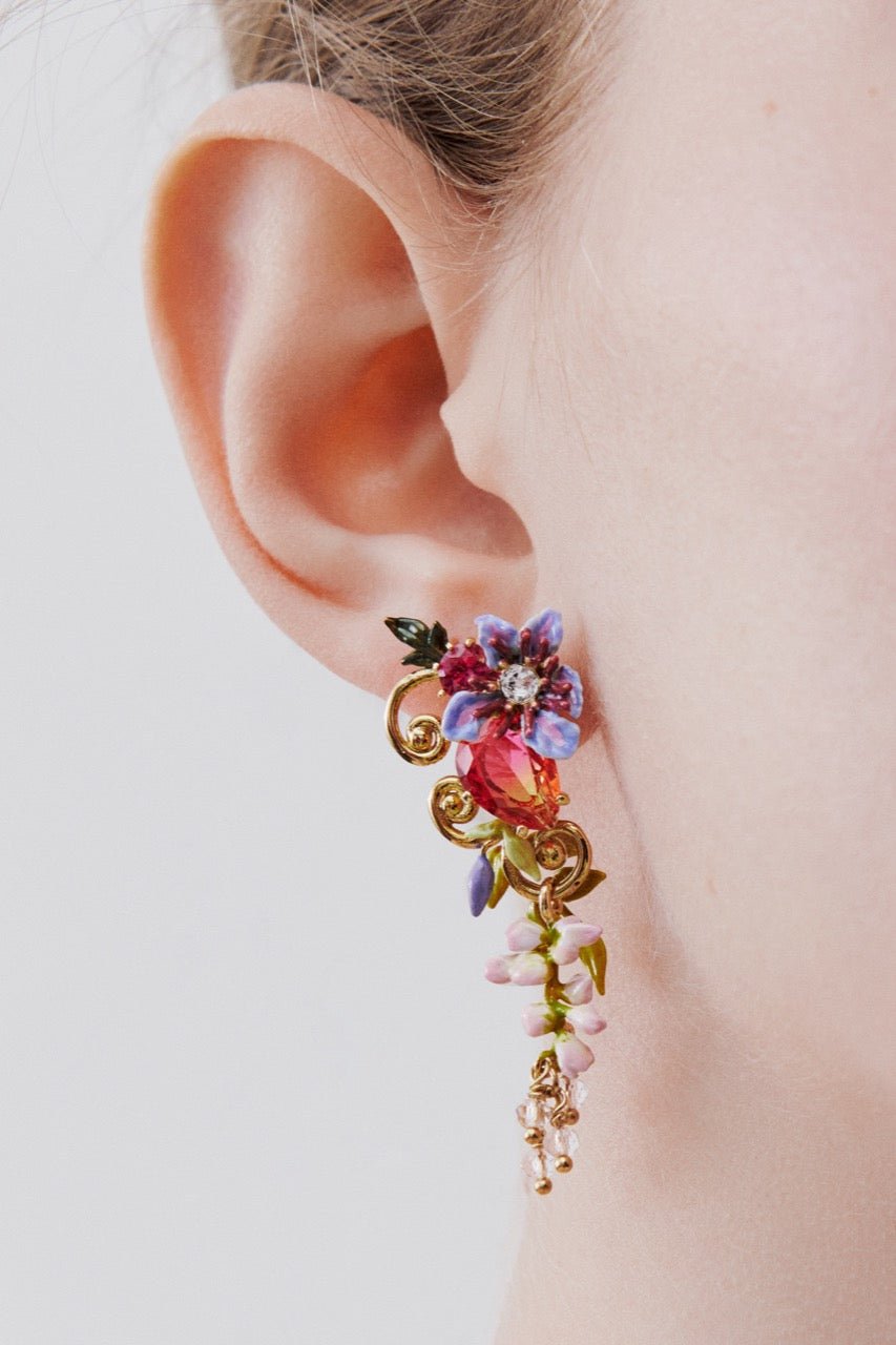 Two - Tone Faceted Glass Dangle Earrings, Pink Wisteria On A Golden Arabesque, Faceted Crystal Bead And Ivy | AWMM1011 - Les Nereides