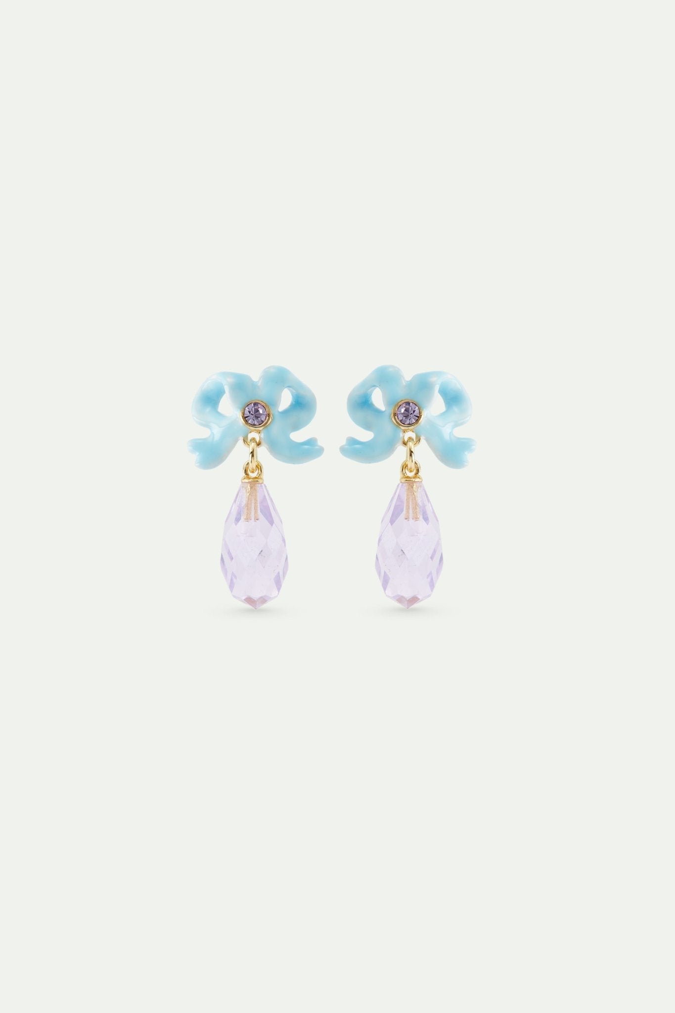 Wedding post earrings with blue ribbon and dangling purple cut stone | AVJV1031 - Les Nereides