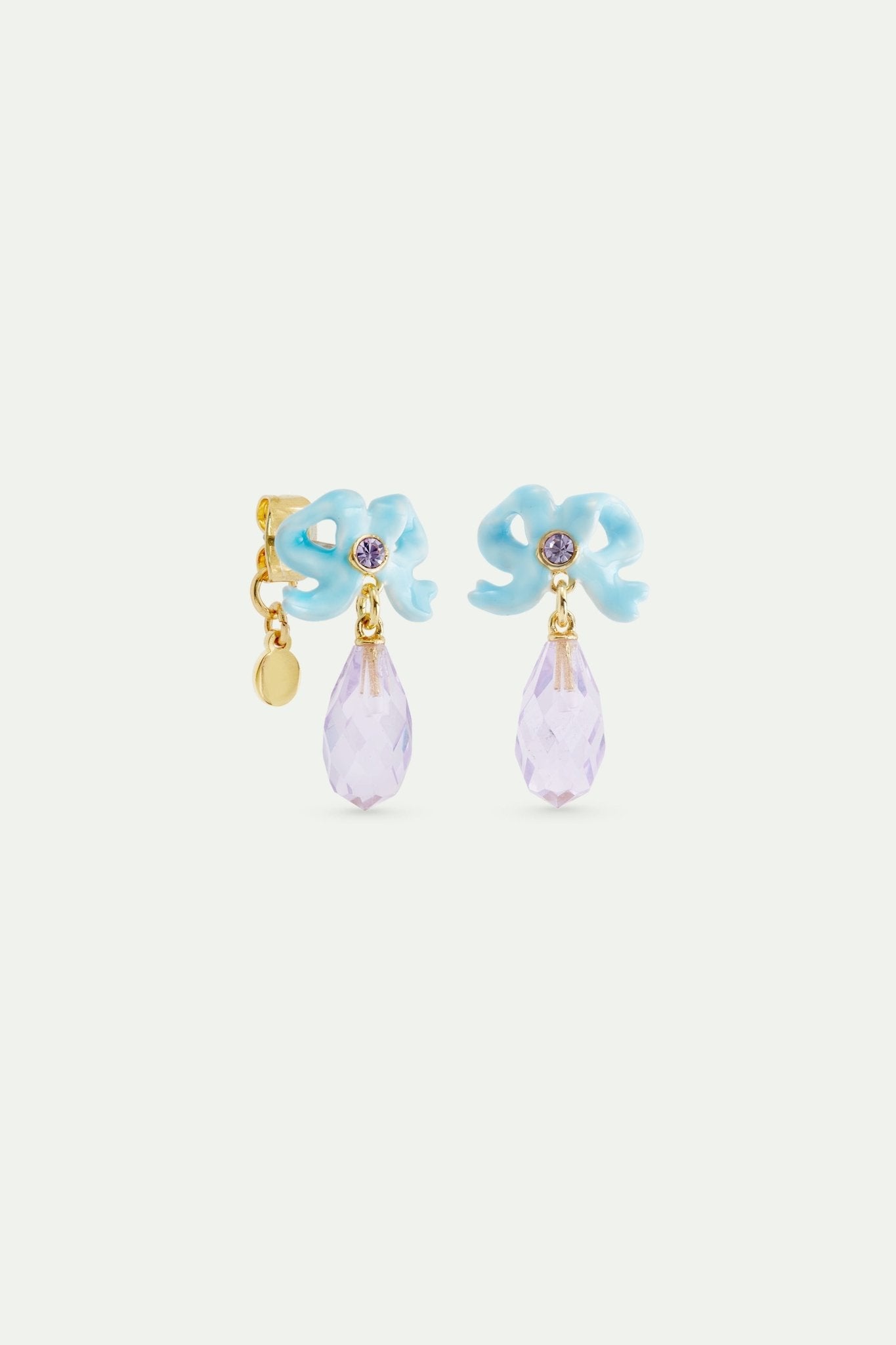 Wedding post earrings with blue ribbon and dangling purple cut stone | AVJV1031 - Les Nereides