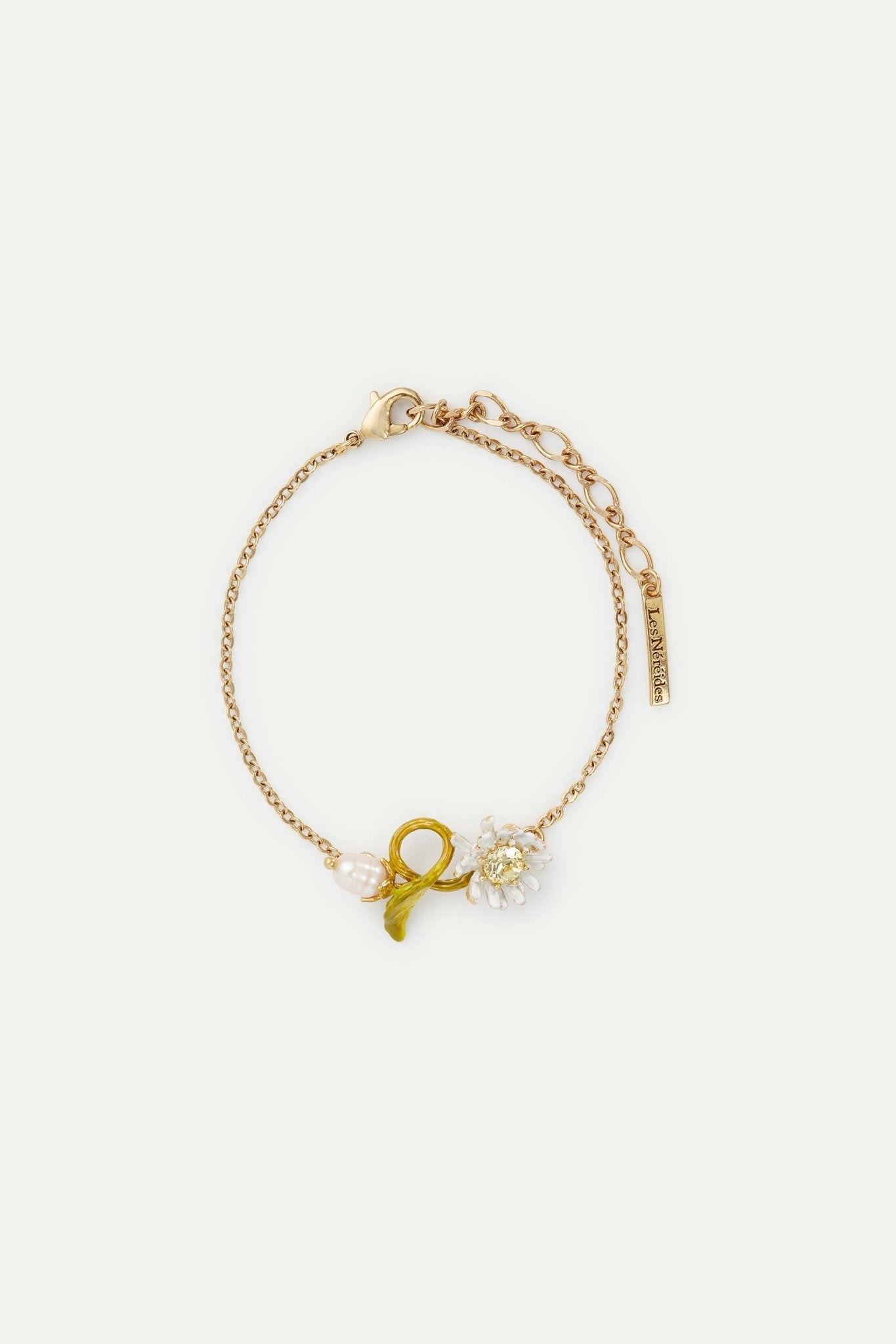 White and green daisy fine bracelet with mother of pearl bead | AVFR2031 - Les Nereides