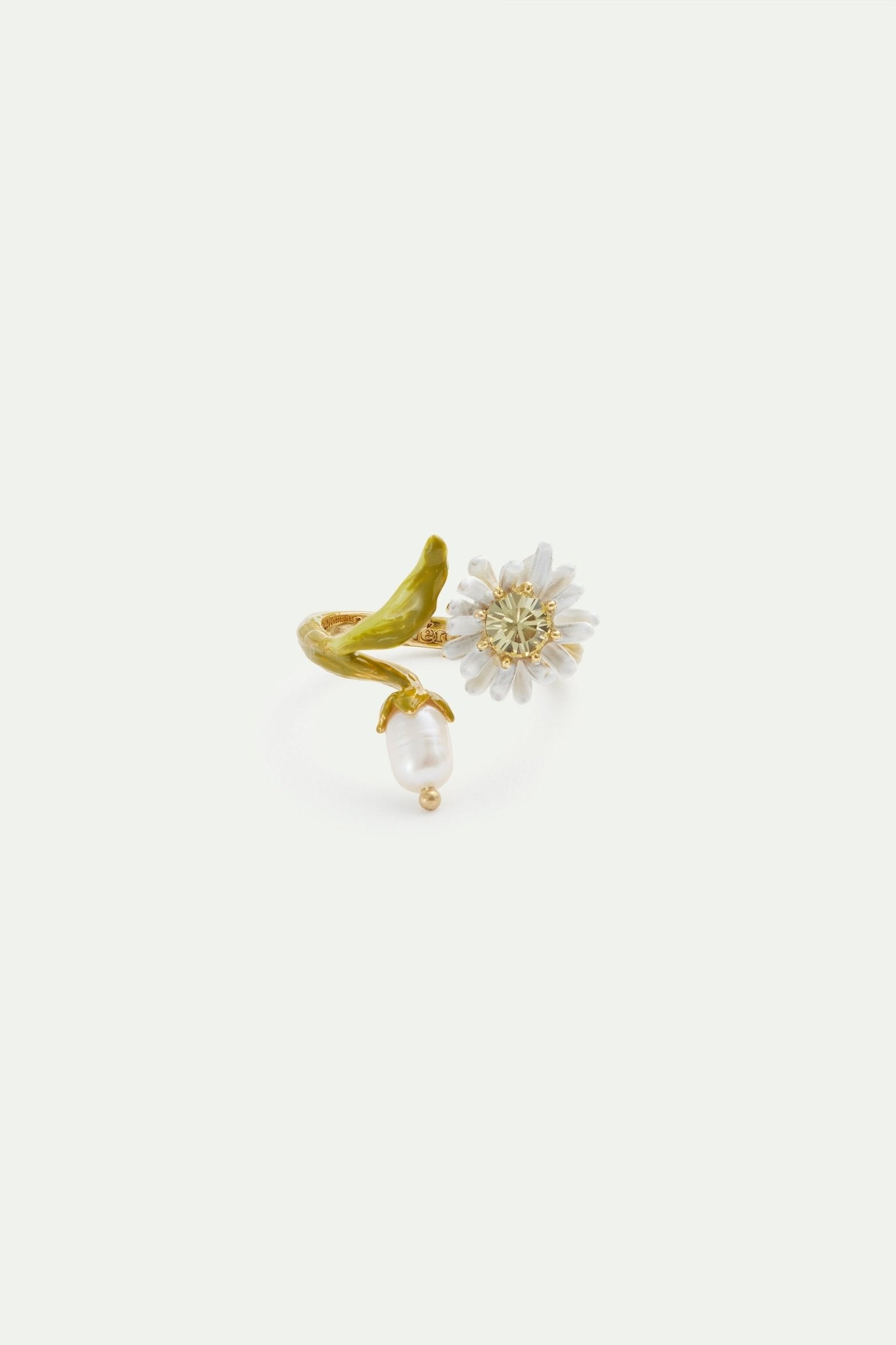 White and green daisy, mother of pearl bead adjustable ring | AVFR6031 - Les Nereides