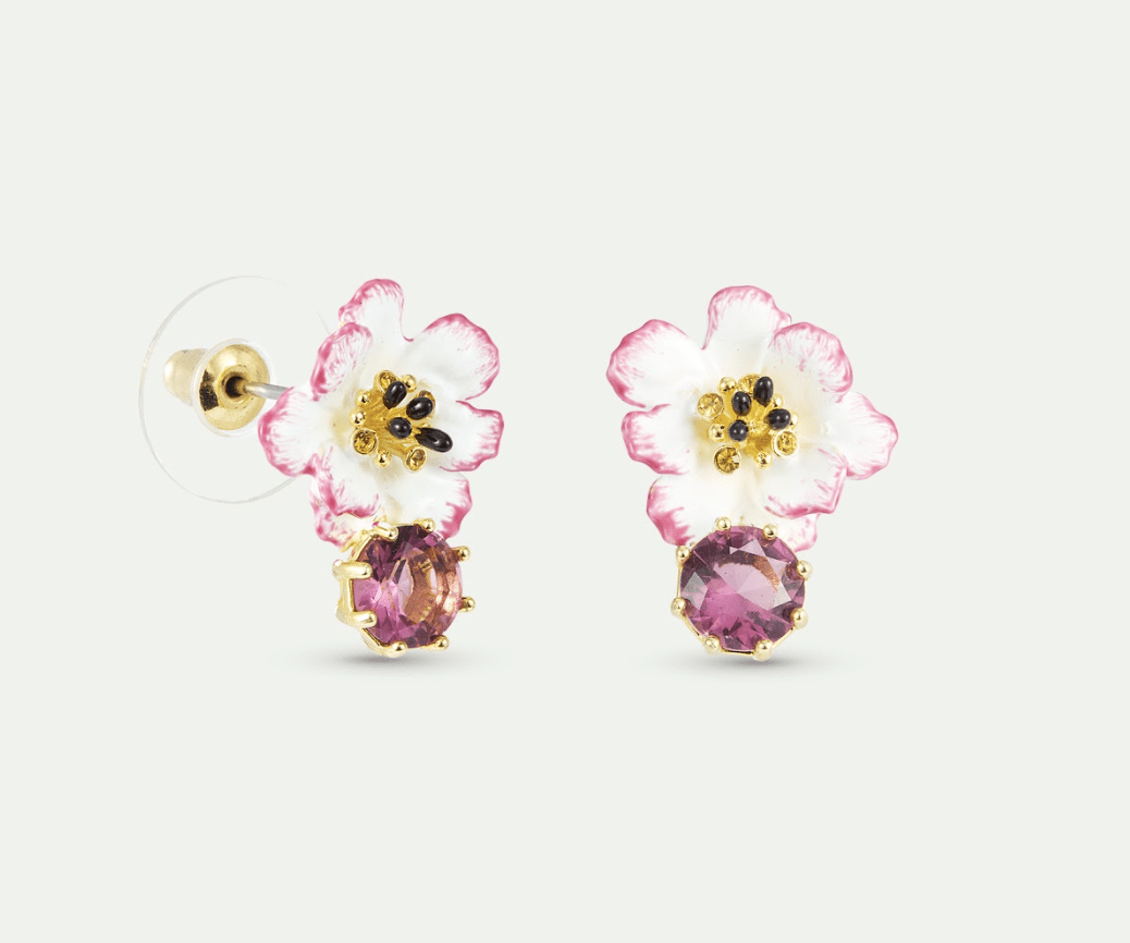 White And Pink Cosmos Flower Earrings With Pink Round Stone | AXAM1031 - Les Nereides