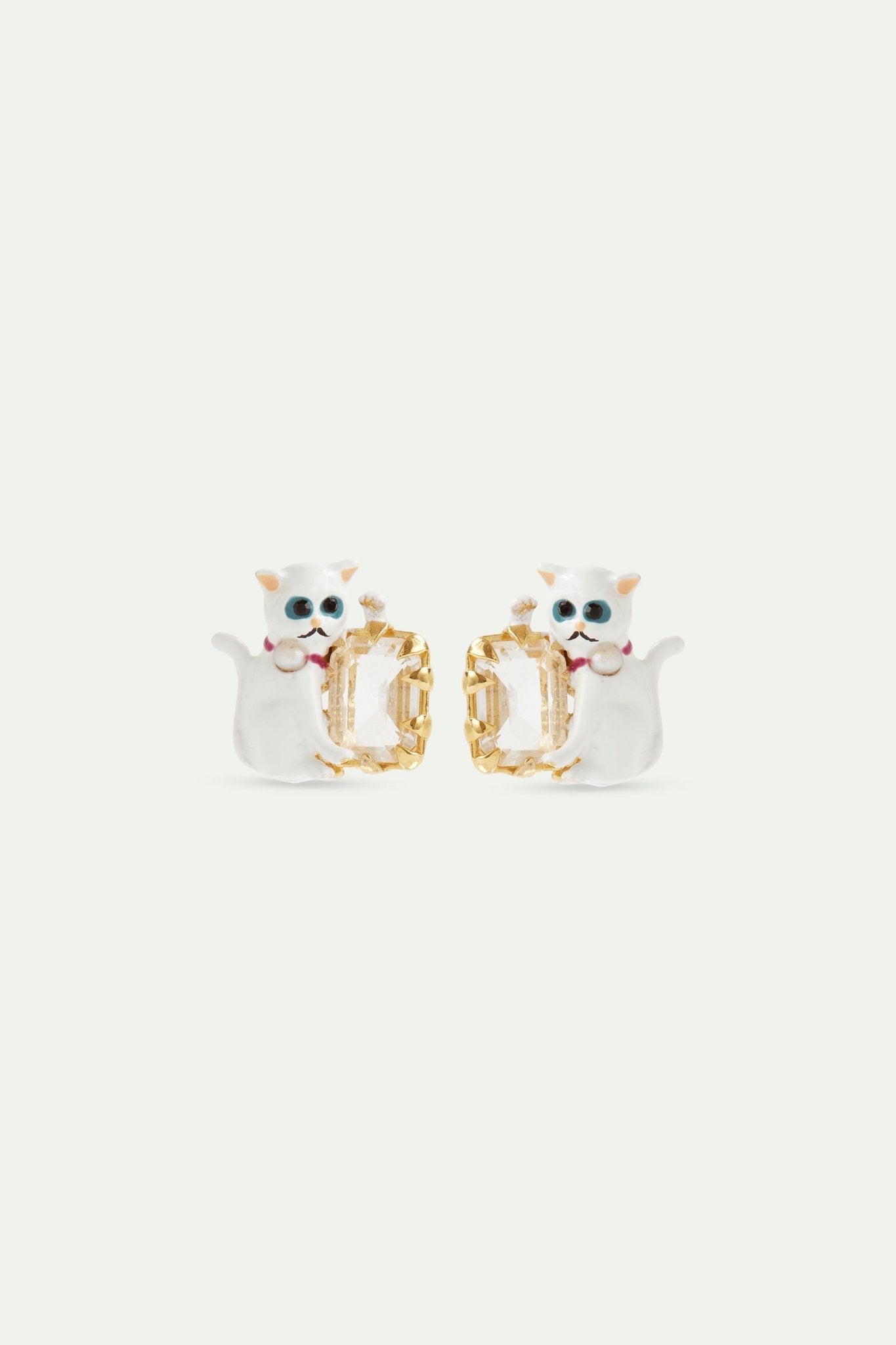 White cat and faceted white stone earrings | AVLA1051 - Les Nereides
