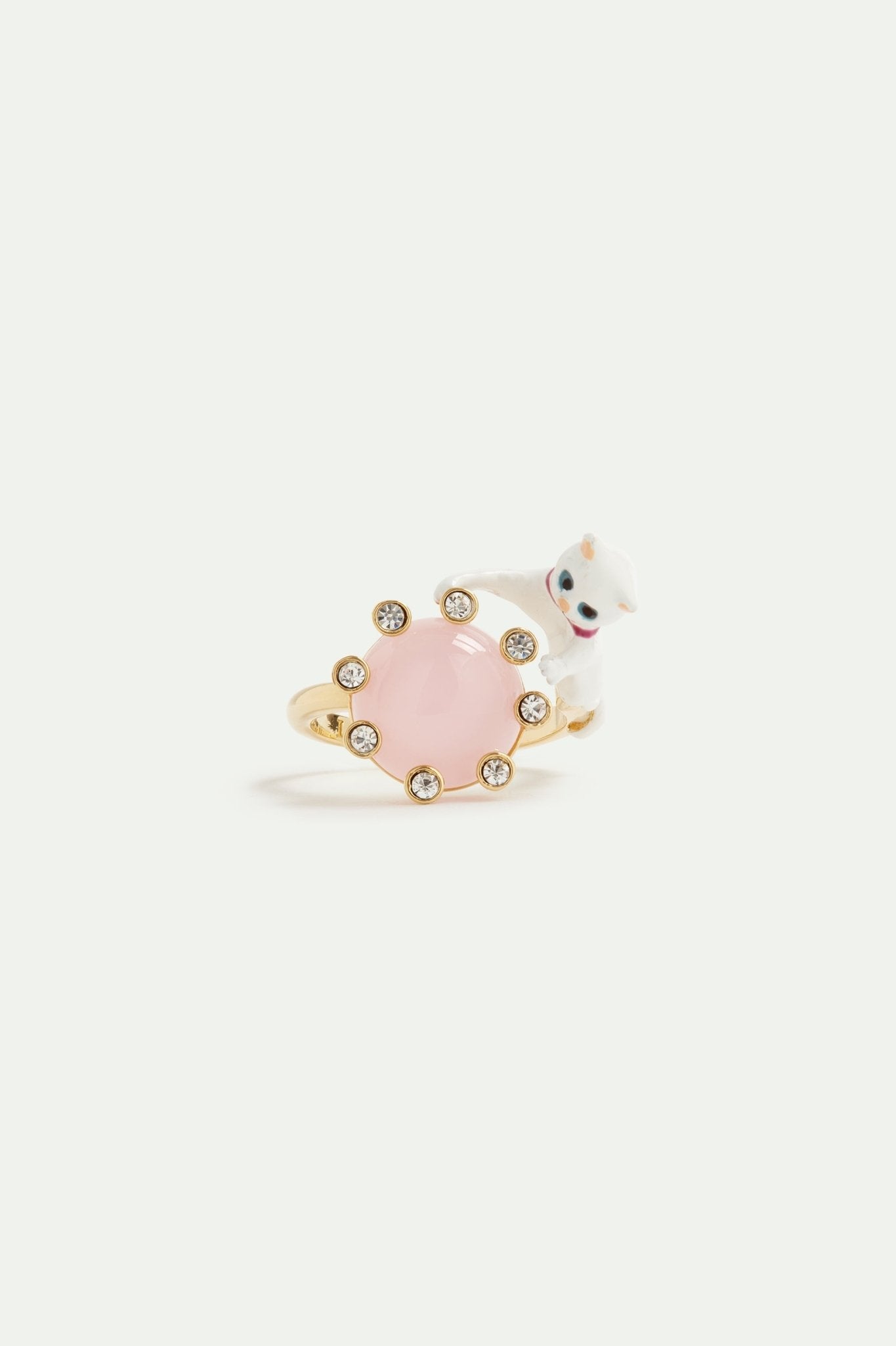 White cat and round pink stone adjustable ring | AVLA6041 - Les Nereides