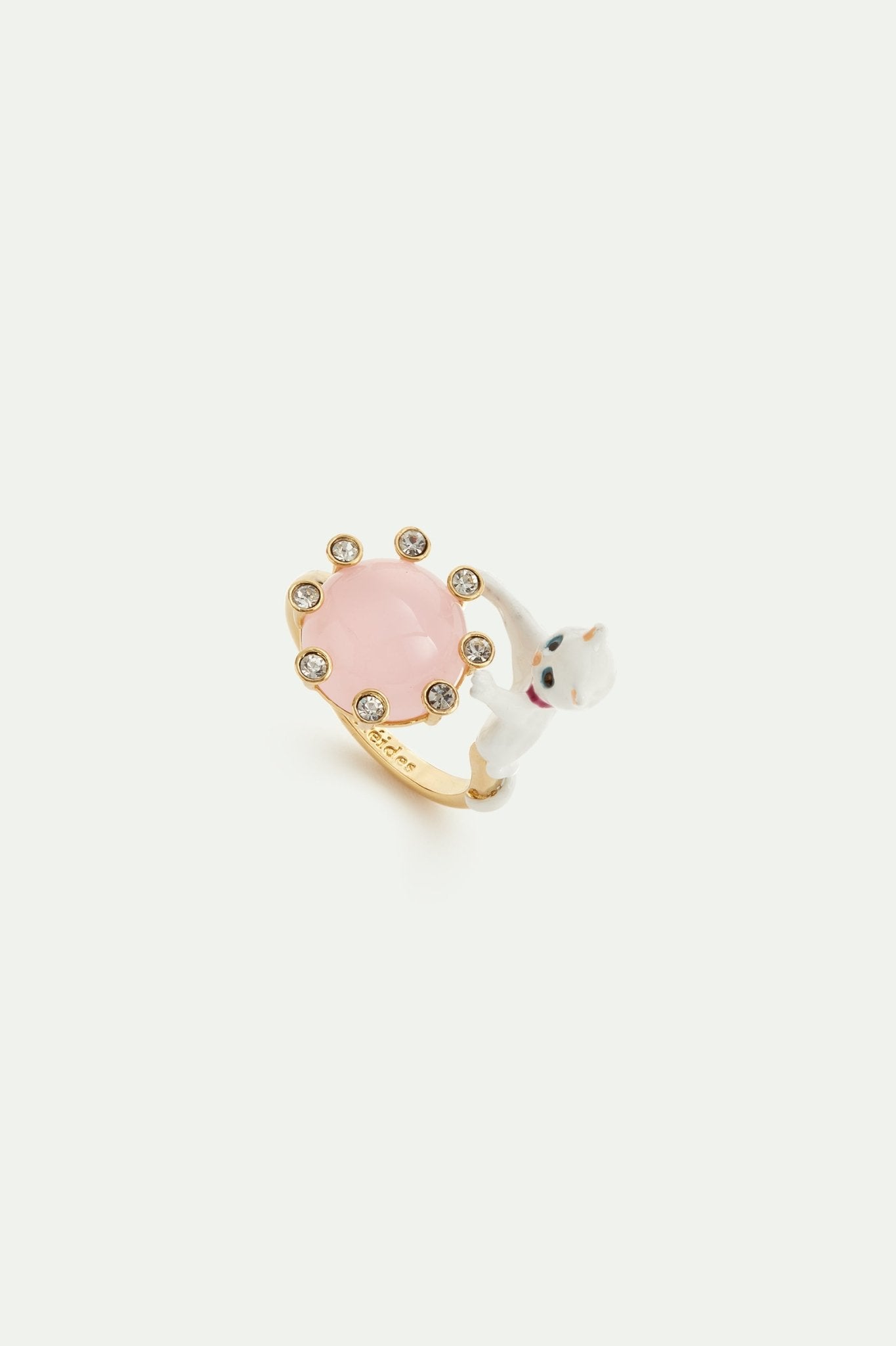 White cat and round pink stone adjustable ring | AVLA6041 - Les Nereides