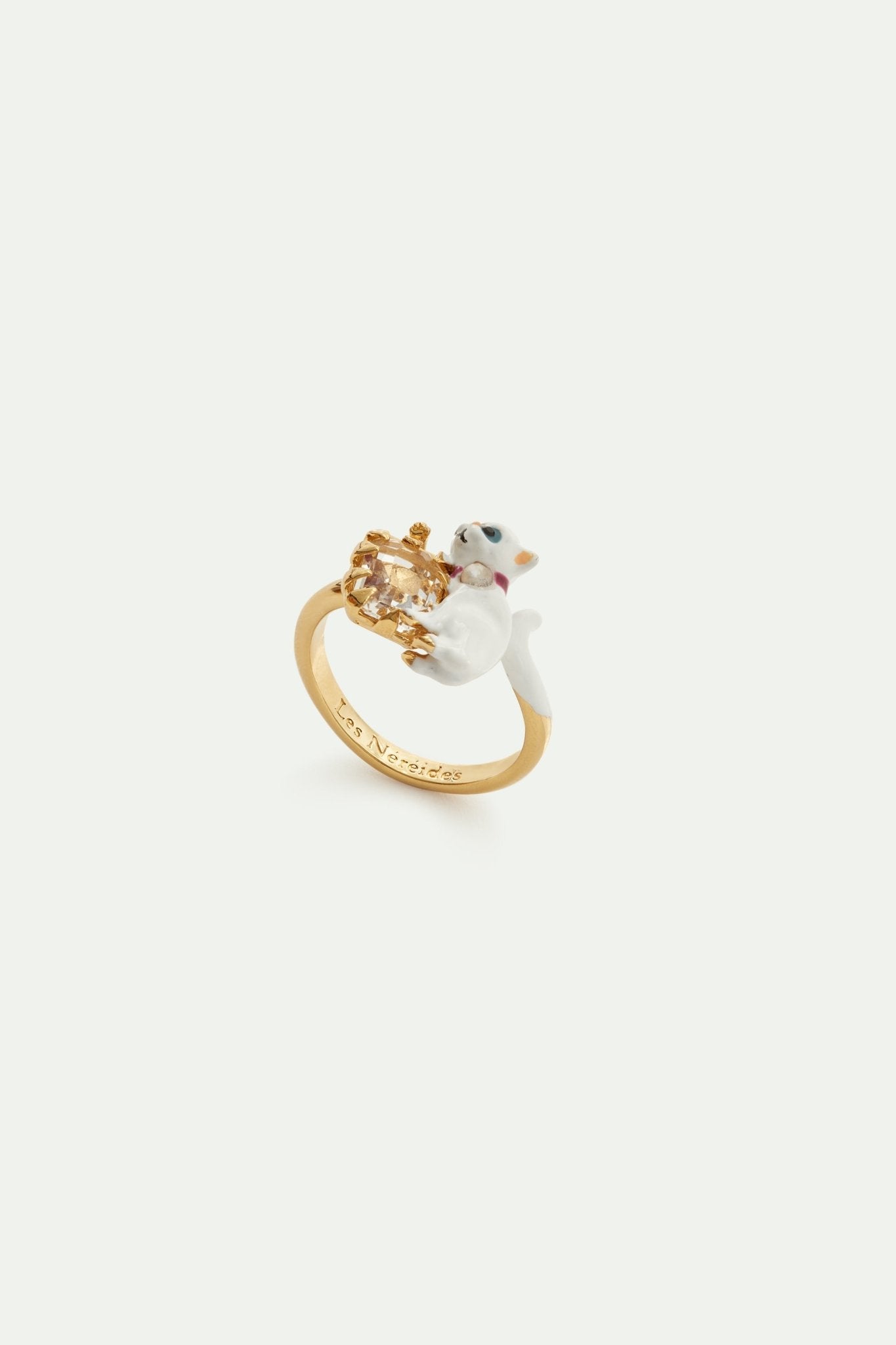 White cat and white faceted stone adjustable ring | AVLA6031 - Les Nereides