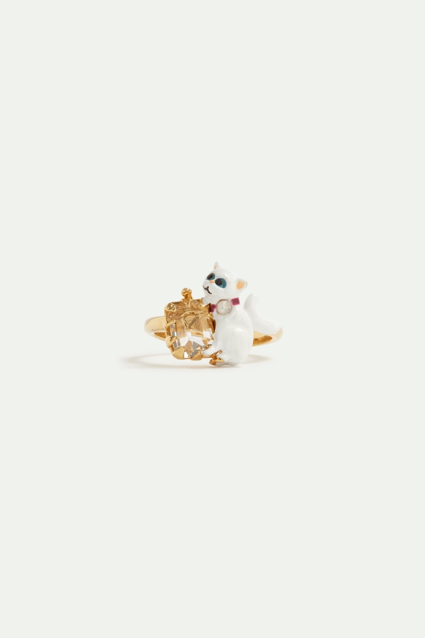 White cat and white faceted stone adjustable ring | AVLA6031 - Les Nereides