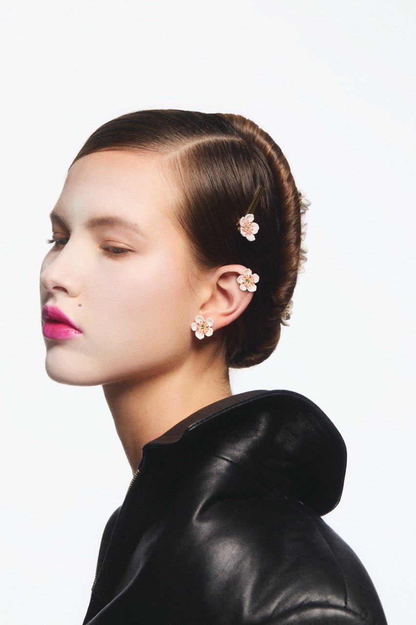 White Cherry Blossom Sleeper Earrings | AVHA1011 - Les Nereides
