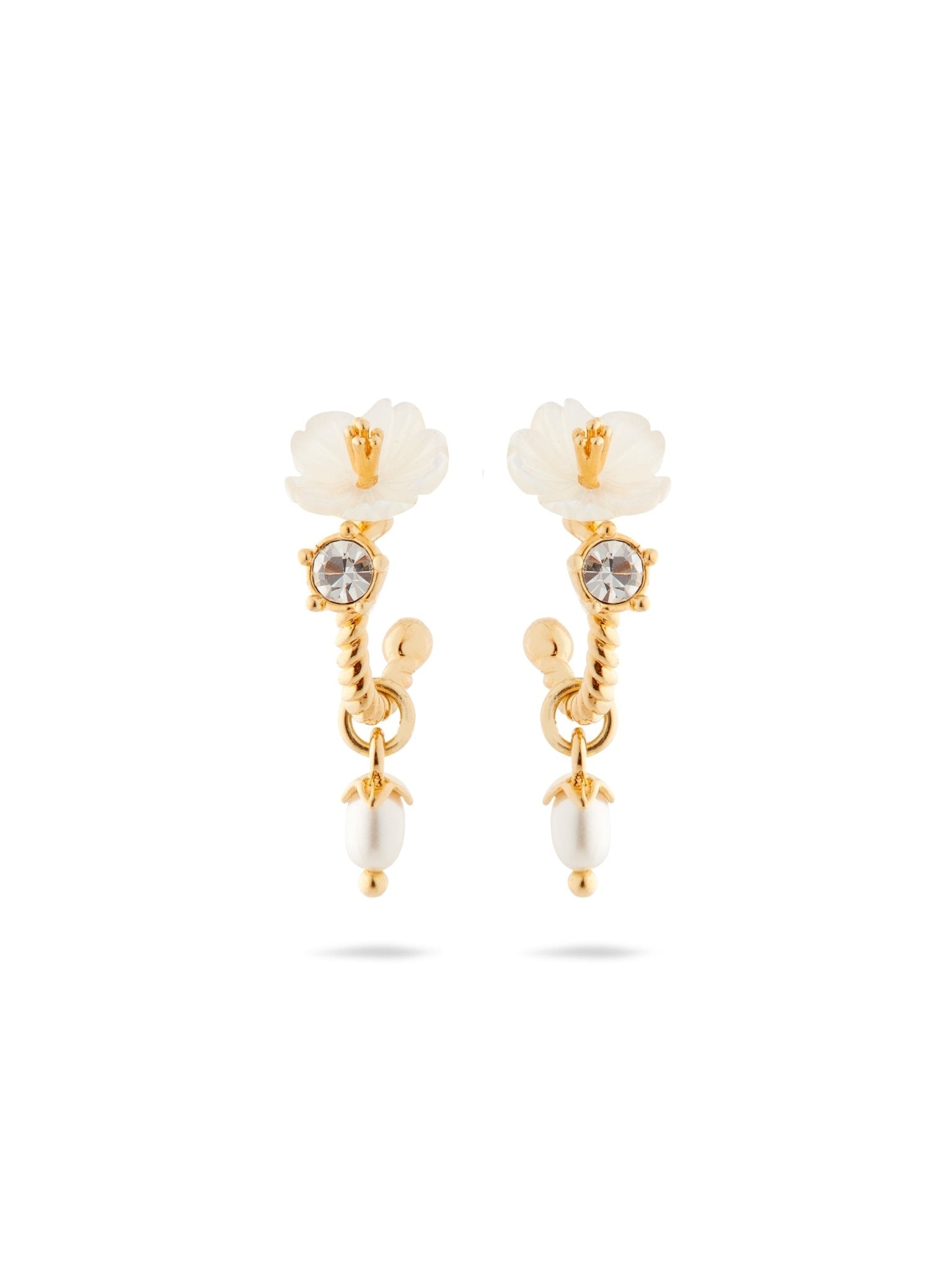 White Jasmine, Faceted Crystal And Crystal Pearl Bead Post Dangle Earrings | AUME1121 - Les Nereides