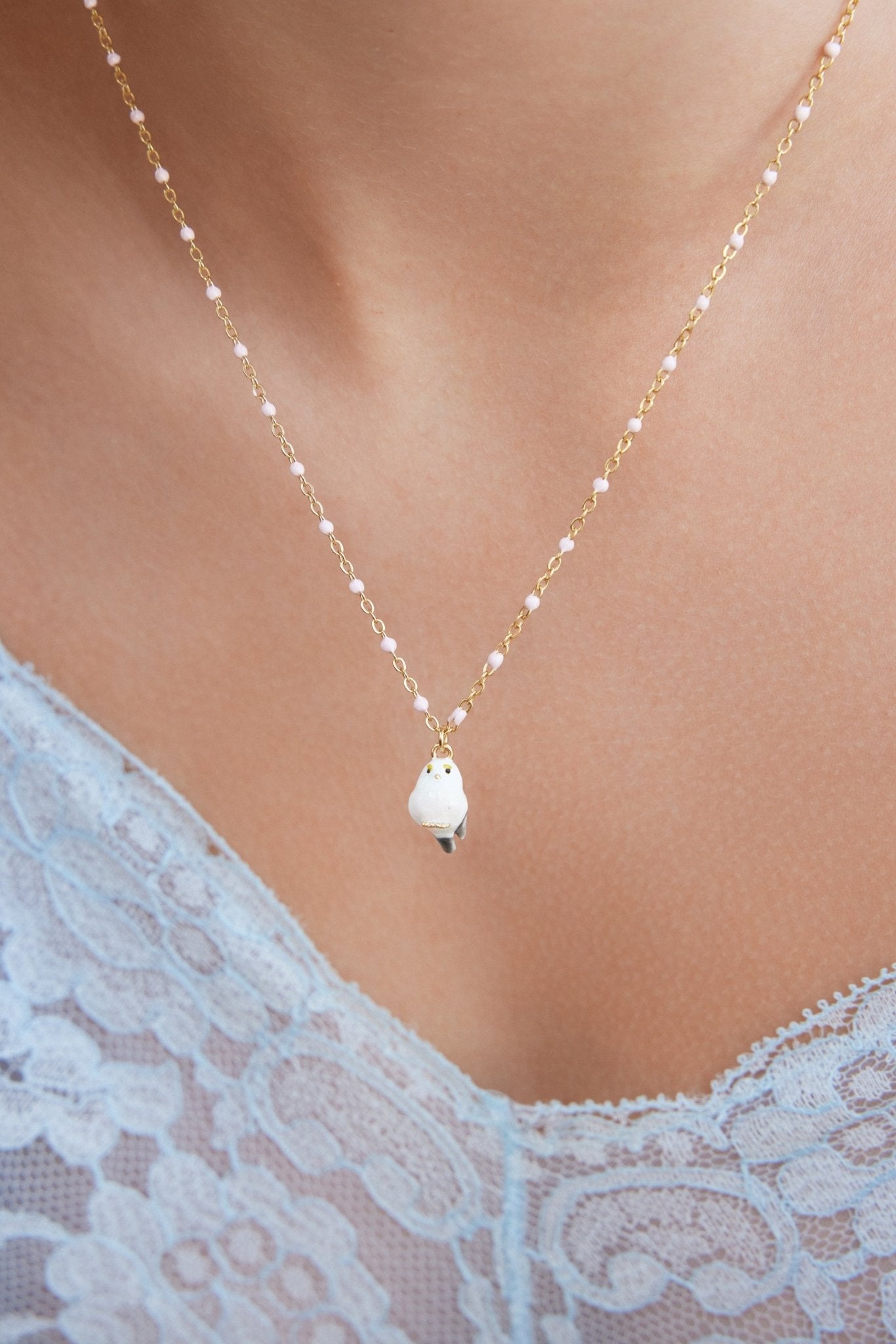 White Long - Tailed Tit Pendant Necklace | AXLA3071 - Les Nereides