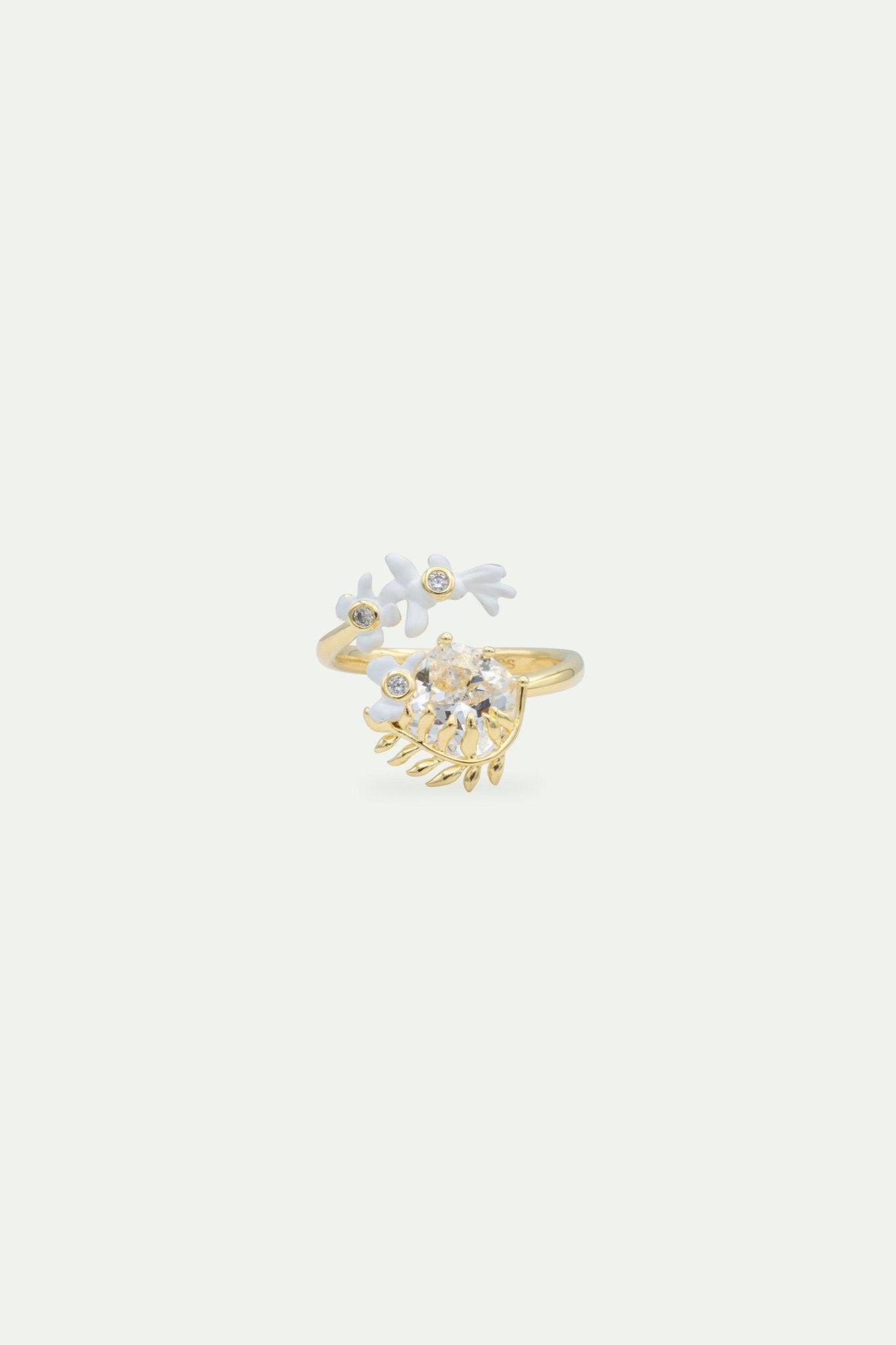 White Wisteria, Laurel And Faceted Stone Adjustable Ring | AWNF6021 - Les Nereides