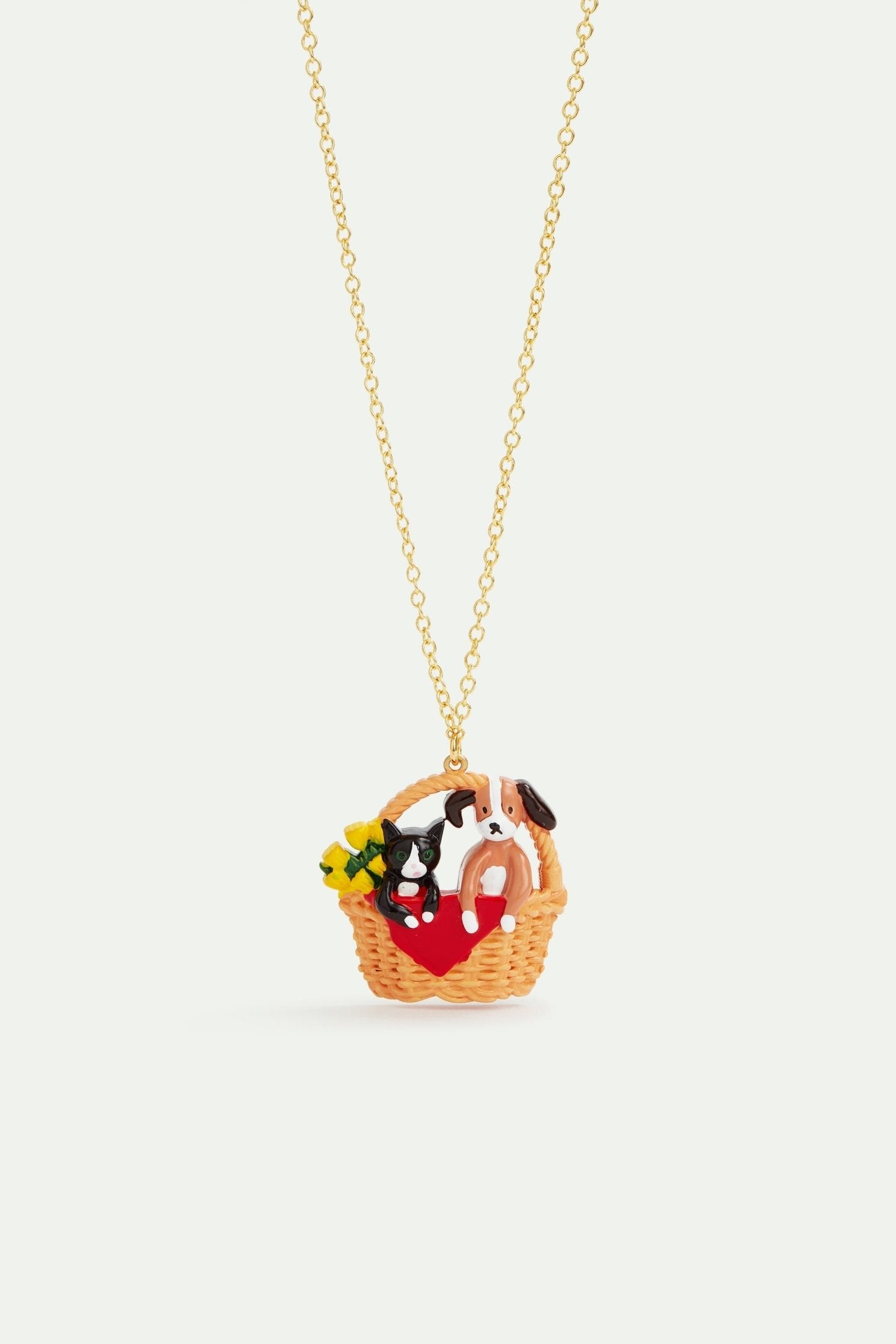 Wicker basket, cat and dog pendant necklace | AVHP3071 - Les Nereides