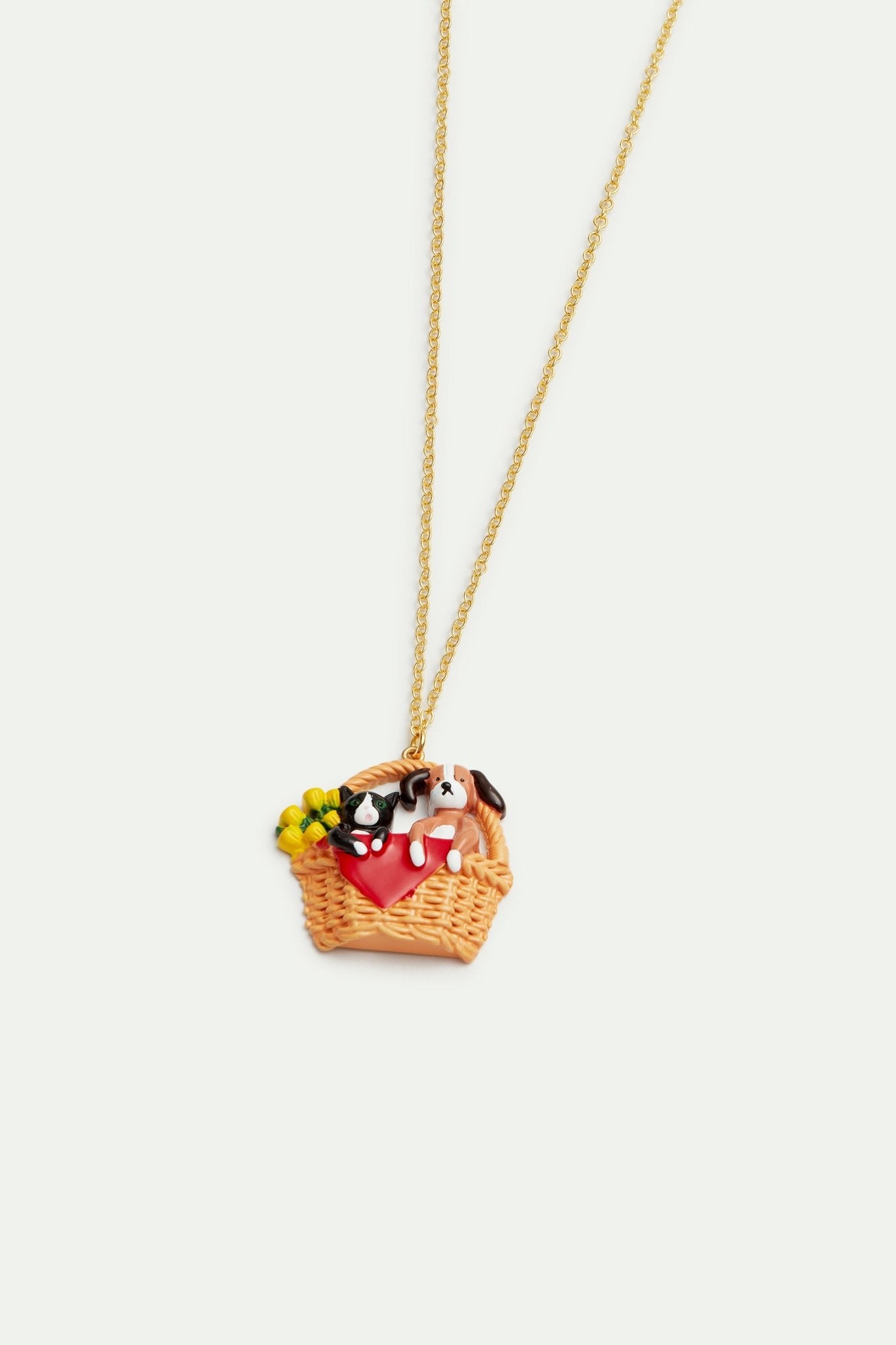 Wicker basket, cat and dog pendant necklace | AVHP3071 - Les Nereides