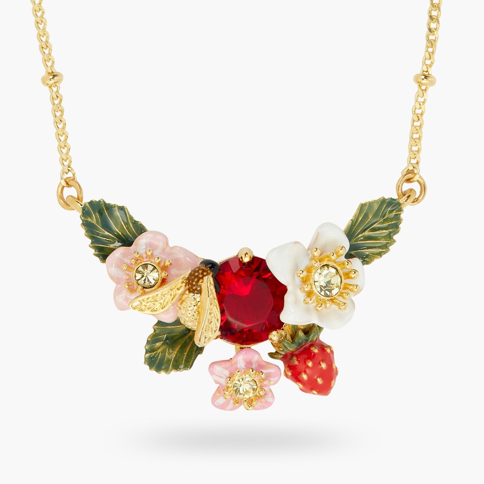 Wild Strawberry, Strawberry Flower And Bumblebee Statement Necklace | ATBG3021 - Les Nereides