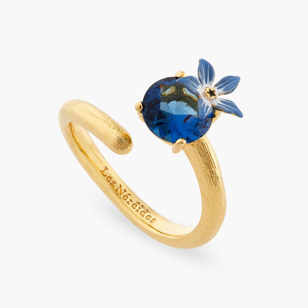 Blue Flower And Round Faceted Glass Adjustable Ring | ASPO6041