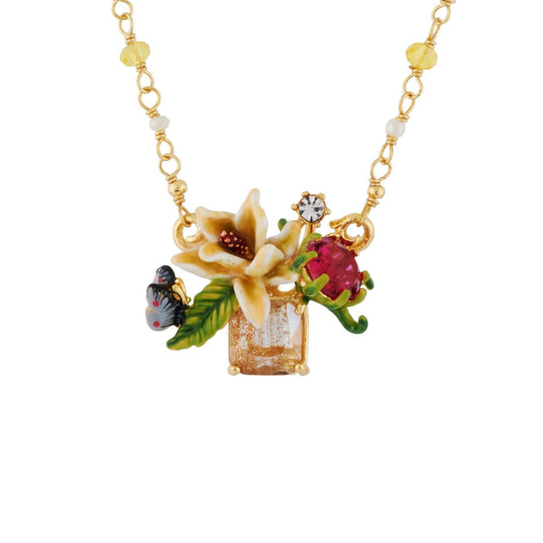 Adaptable With White Flower On Faceted Crystal, Butterfly And Rhinestones Necklace | AHPV3081 - Les Nereides