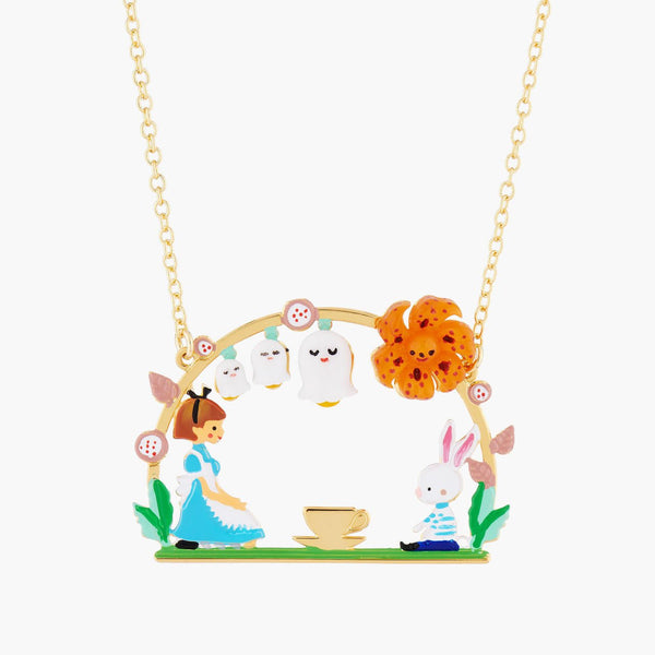 Alice And White Rabbit Tea Time Pendant Necklace | AMAL3031 - Les Nereides