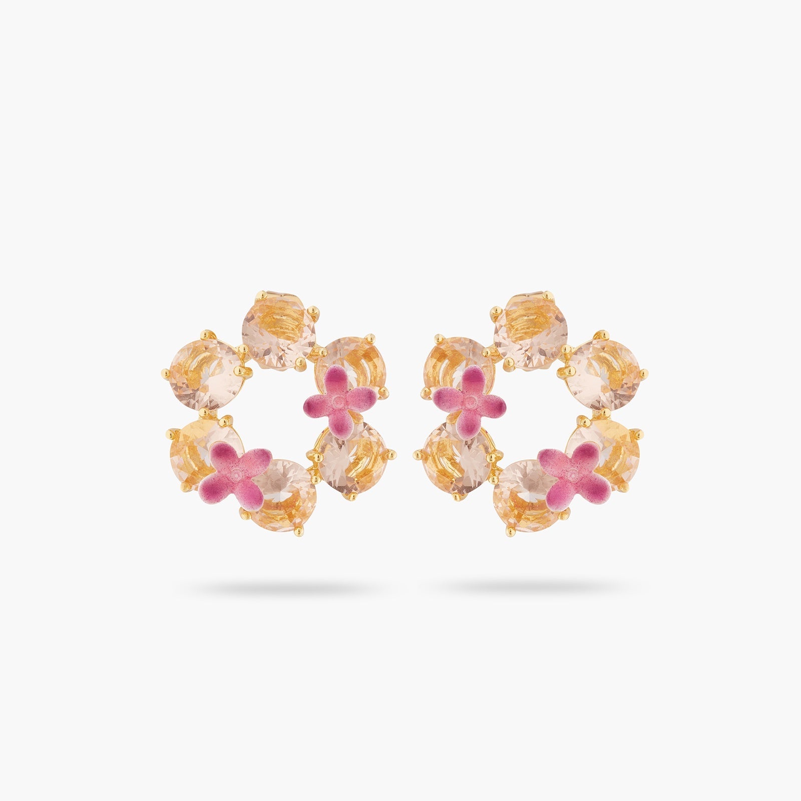 Apricot Pink Diamantine Flower And 6 Round Stone Earrings | ATLD1422 - Les Nereides