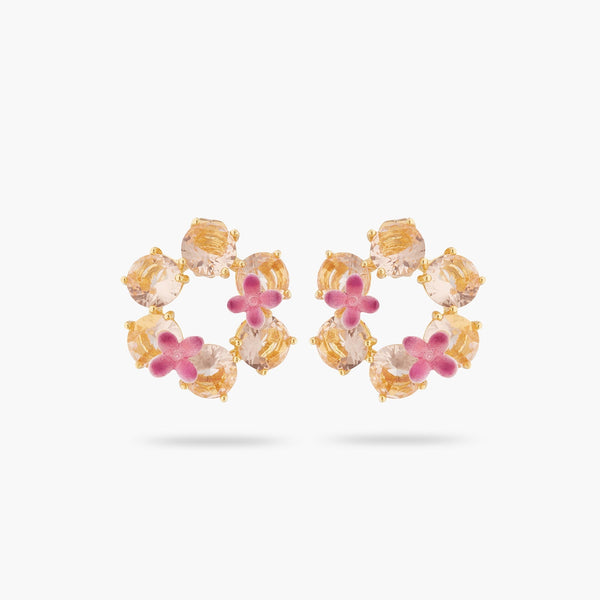 Apricot Pink Diamantine Flower And 6 Round Stone Earrings | ATLD1422 - Les Nereides