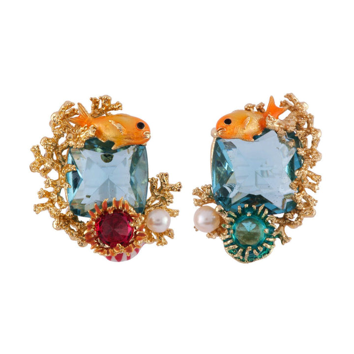 Atlantide Blue Crystal Stone With Corals, Fish & Anemones Earrings | AFAT1061 - Les Nereides