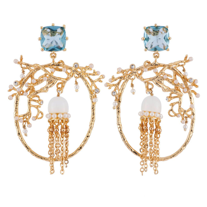 Atlantide Hoops With Blue Crystal Stone, Corals & Jellyfishes Earrings | AFAT1091 - Les Nereides