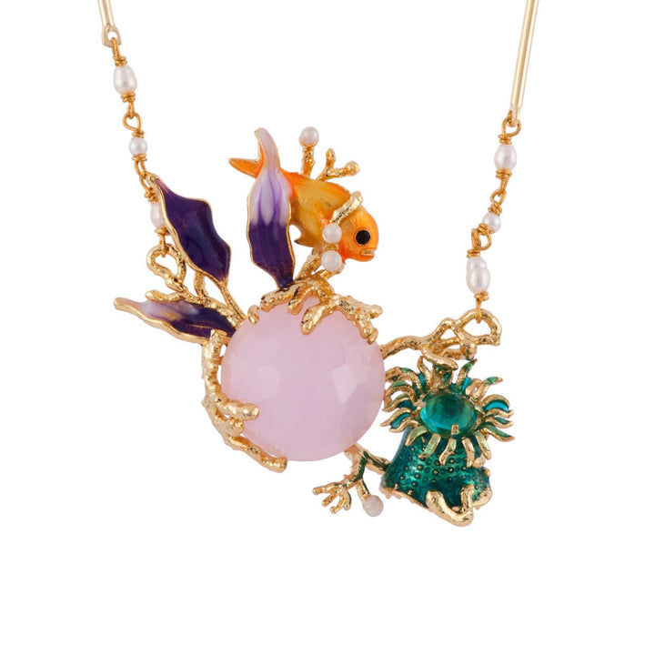 Atlantide Pink Crystal Stone With Anemone, Fish & Seaweed Necklace | AFAT3061 - Les Nereides